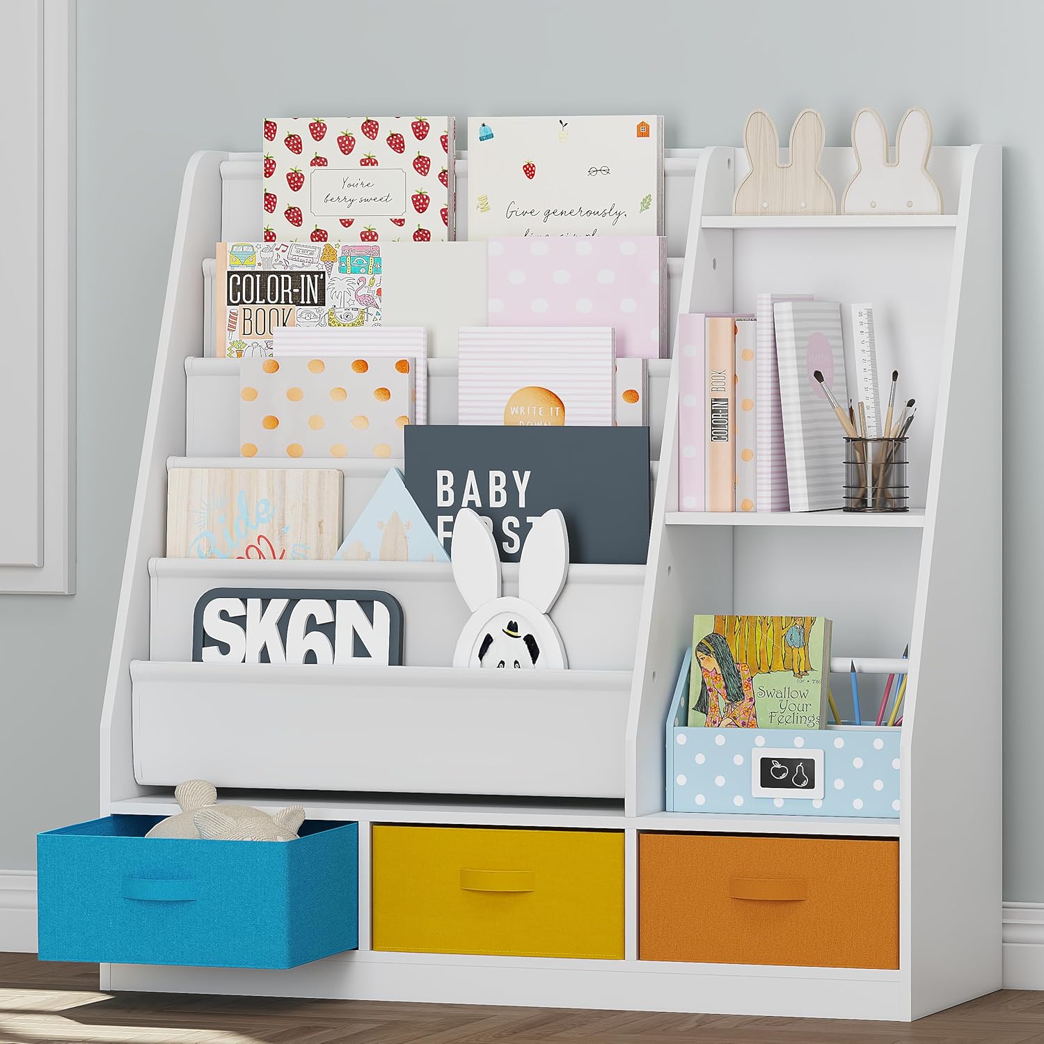 UTEX 5-Tier Kids Sling Bookshelf with Storage Bins, Wood Children Bookcase, Toddler Montessori Book Shelf for Kids Room, Classroom, Bedroom, and Nursery, White · v3