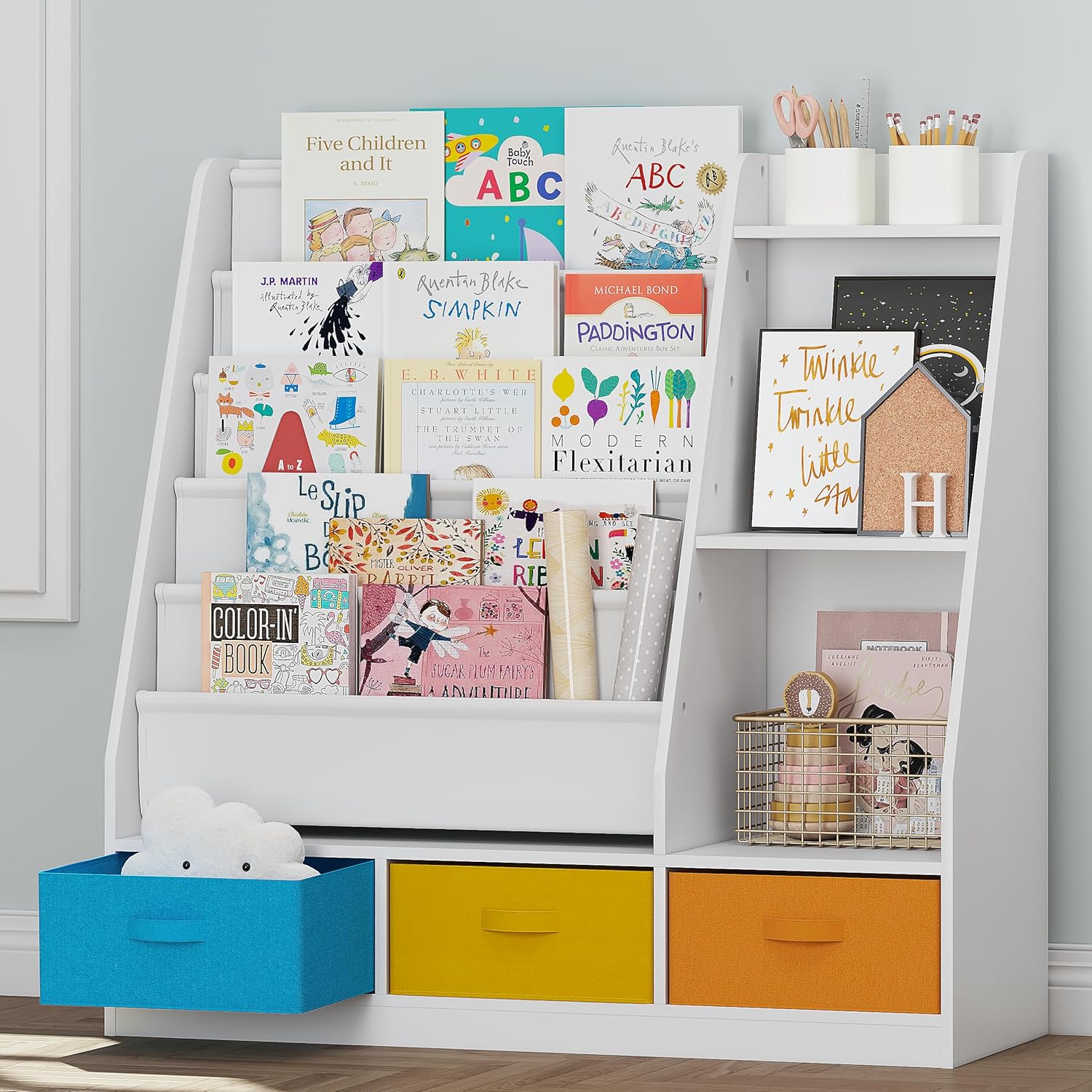 UTEX 5-Tier Kids Sling Bookshelf with Storage Bins, Wood Children Bookcase, Toddler Montessori Book Shelf for Kids Room, Classroom, Bedroom, and Nursery, White · v3