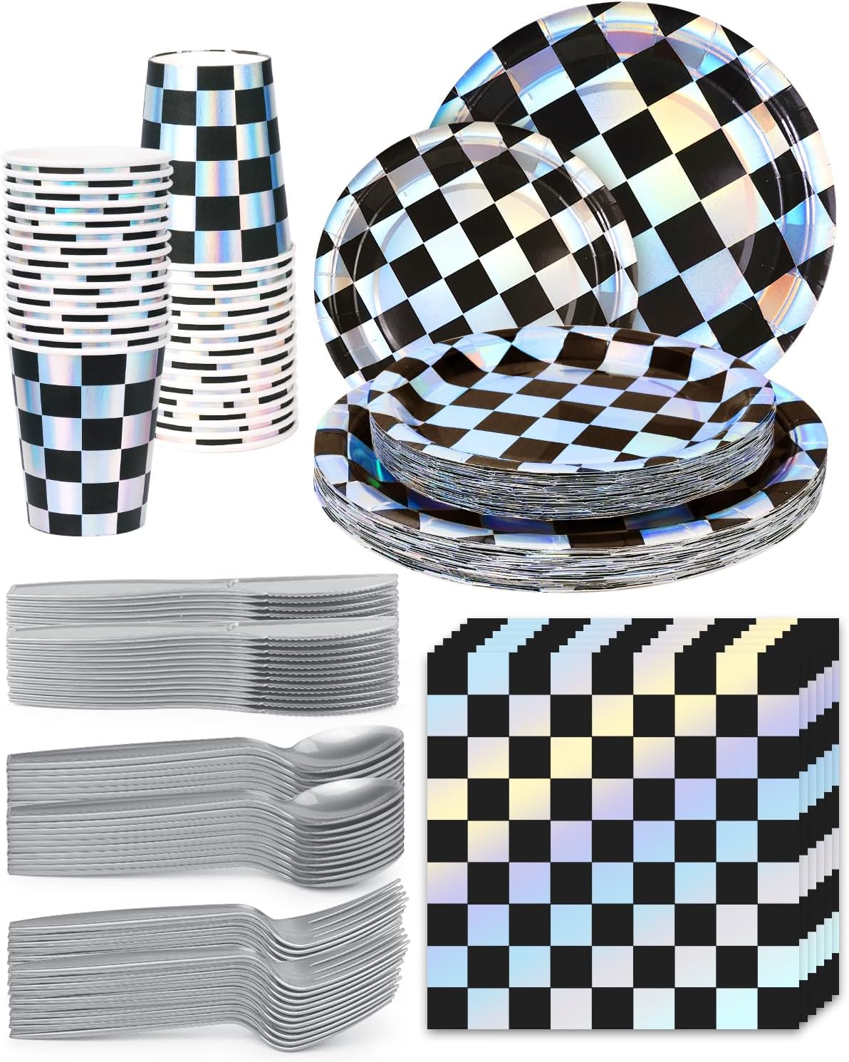210 Pieces Racing Car Party Supplies, Black and White Checkered Flag Party Paper Plates Cups and Napkins Sets with Plastic Knives forks spoons, Disposable Dinnerware Serves 30 Sets for Party, Wedding