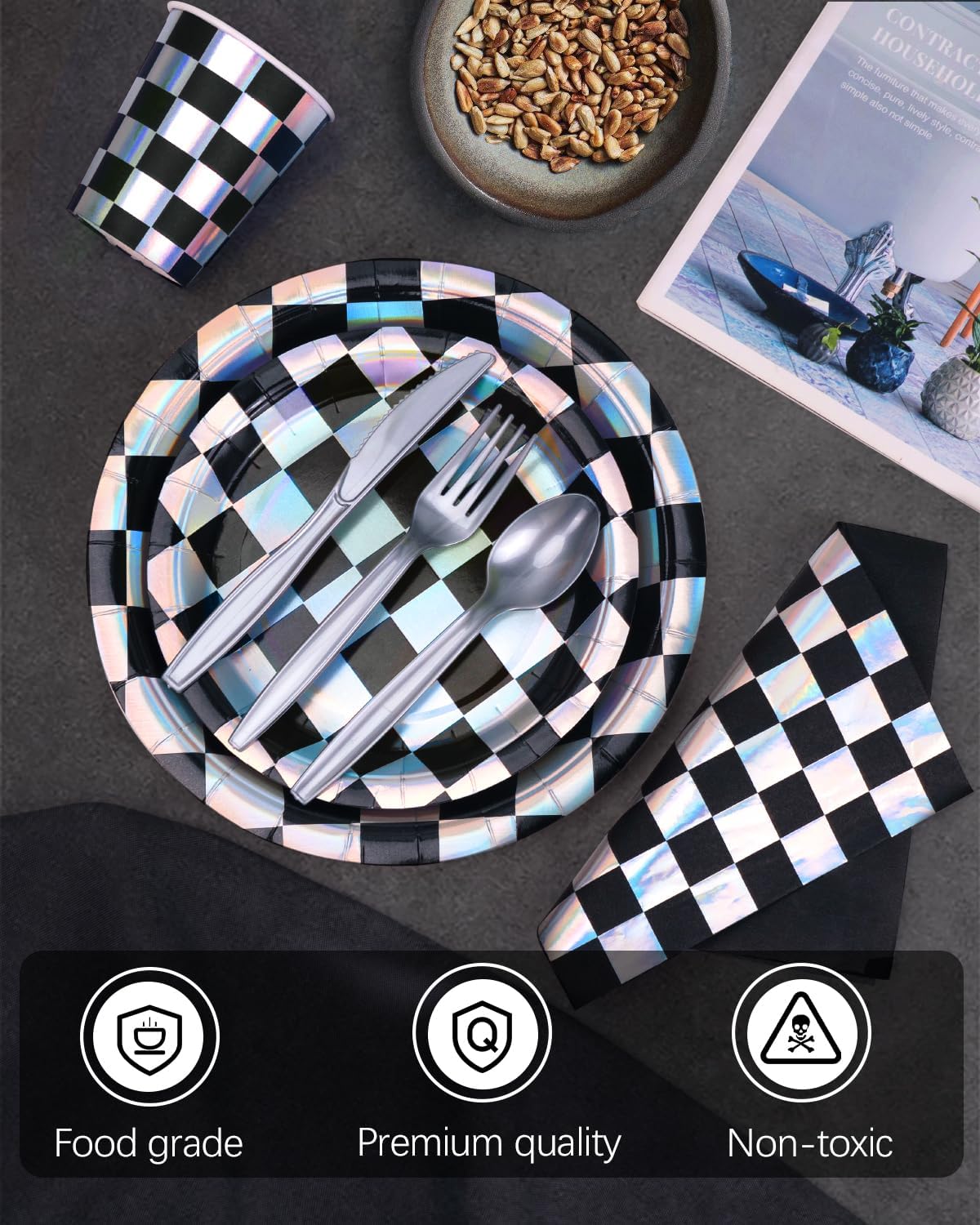 210 Pieces Racing Car Party Supplies, Black and White Checkered Flag Party Paper Plates Cups and Napkins Sets with Plastic Knives forks spoons, Disposable Dinnerware Serves 30 Sets for Party, Wedding · v6
