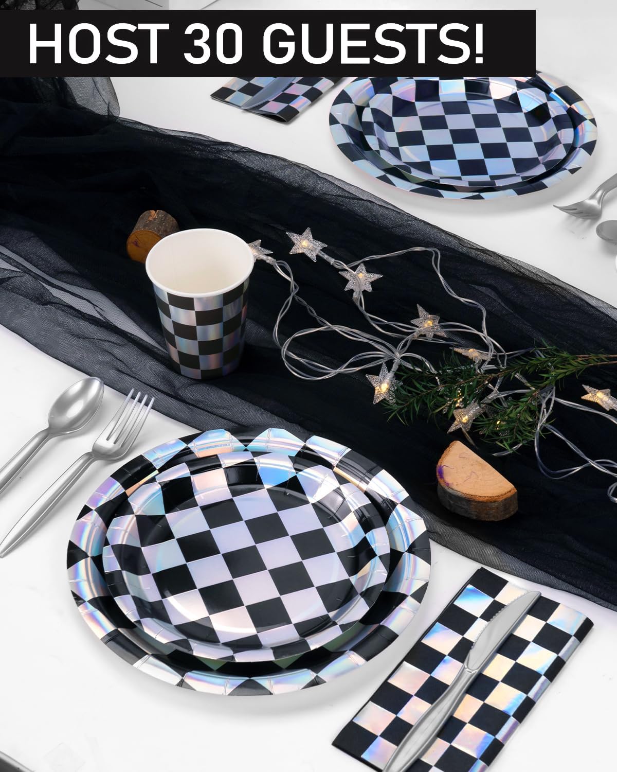 210 Pieces Racing Car Party Supplies, Black and White Checkered Flag Party Paper Plates Cups and Napkins Sets with Plastic Knives forks spoons, Disposable Dinnerware Serves 30 Sets for Party, Wedding · v6