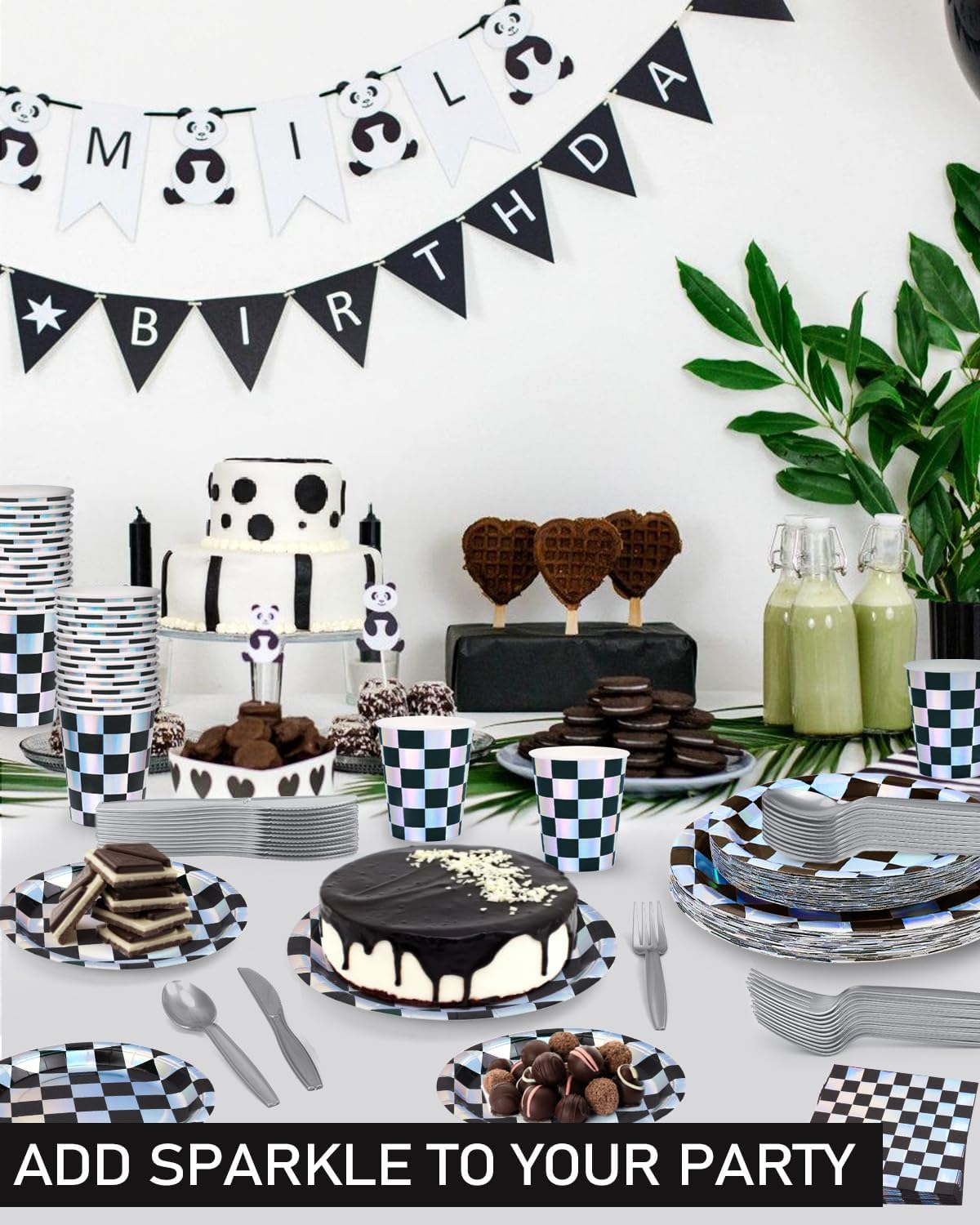 210 Pieces Racing Car Party Supplies, Black and White Checkered Flag Party Paper Plates Cups and Napkins Sets with Plastic Knives forks spoons, Disposable Dinnerware Serves 30 Sets for Party, Wedding · v6