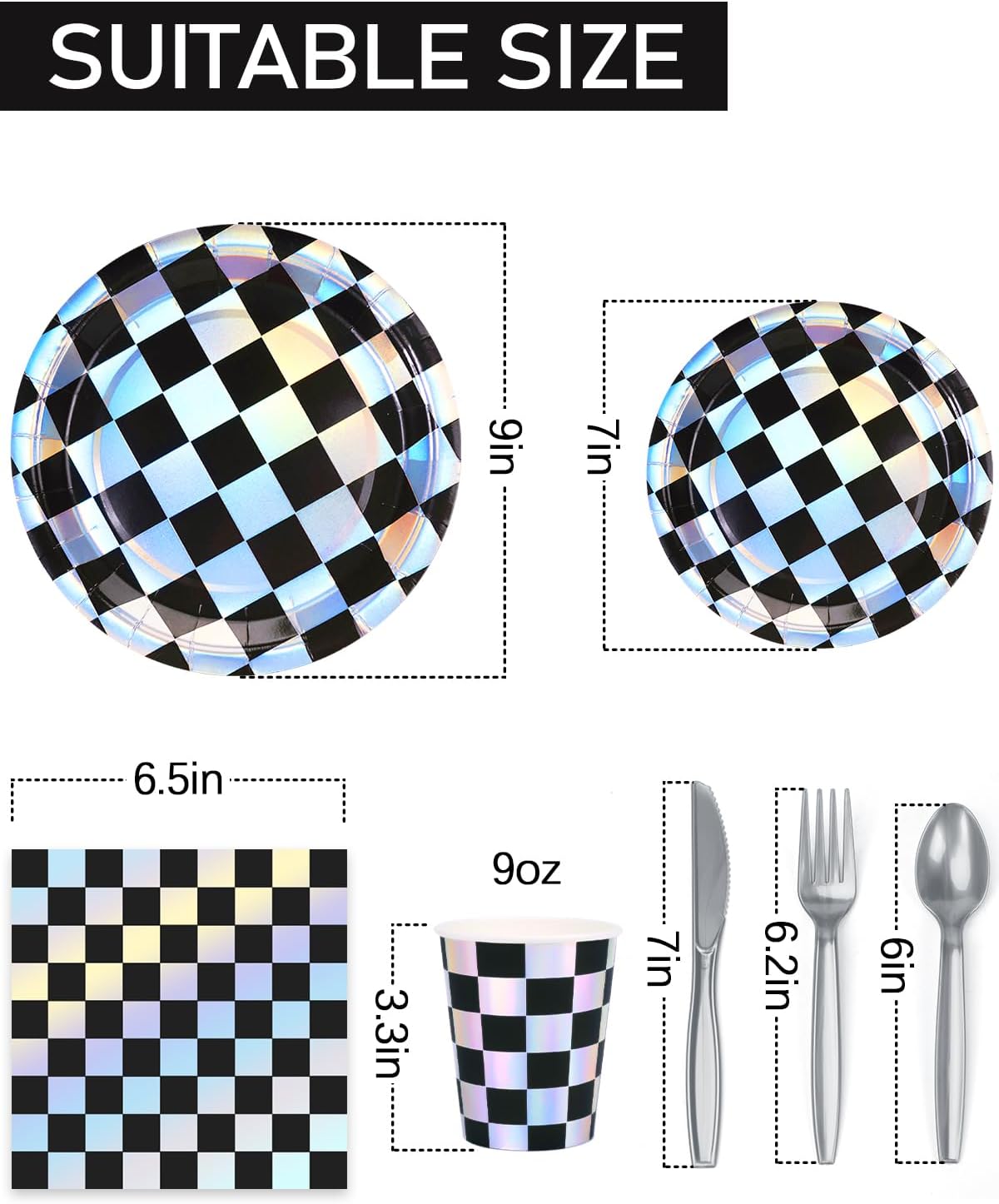 210 Pieces Racing Car Party Supplies, Black and White Checkered Flag Party Paper Plates Cups and Napkins Sets with Plastic Knives forks spoons, Disposable Dinnerware Serves 30 Sets for Party, Wedding · v6