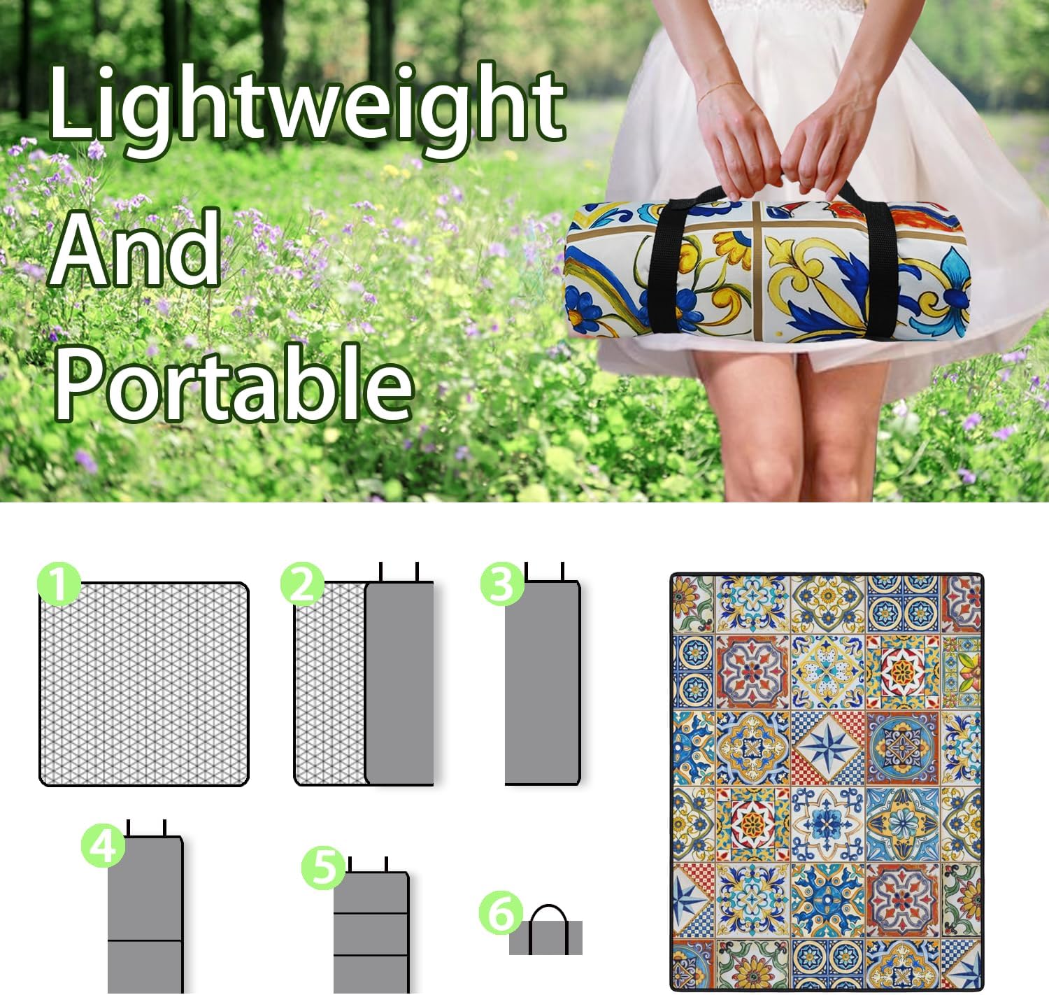 ผ้าห่มปิกนิกแบบพับได้ กันน้ำ ขนาด 60 x 80 ฟุต เสื่อปิกนิกกลางแจ้งแบบพกพา Boho กันน้ำ สำหรับสนามหญ้า ผ้าห่มปูสนามหญ้าในสวนสาธารณะสำหรับการตั้งแคมป์ เดินป่า