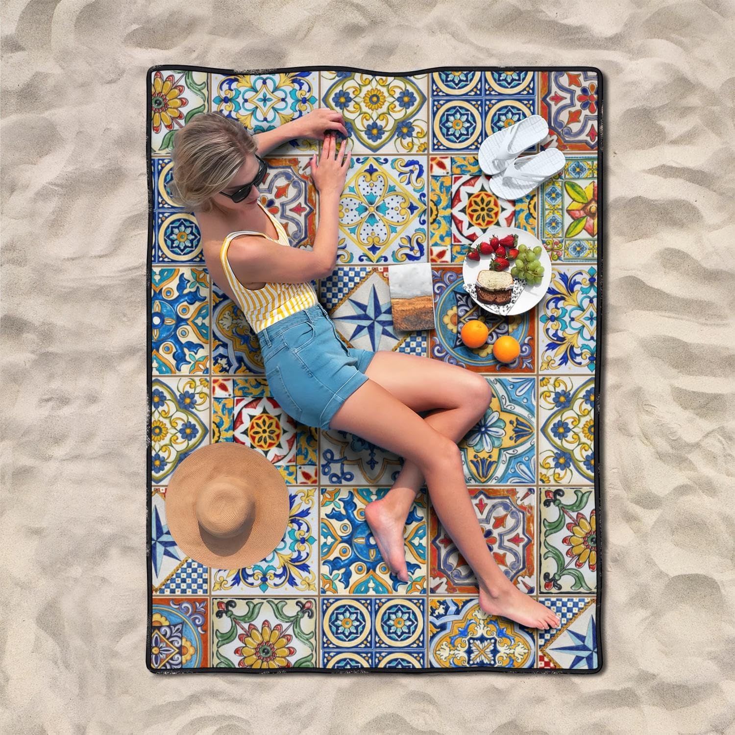 ผ้าห่มปิกนิกแบบพับได้ กันน้ำ ขนาด 60 x 80 ฟุต เสื่อปิกนิกกลางแจ้งแบบพกพา Boho กันน้ำ สำหรับสนามหญ้า ผ้าห่มปูสนามหญ้าในสวนสาธารณะสำหรับการตั้งแคมป์ เดินป่า
