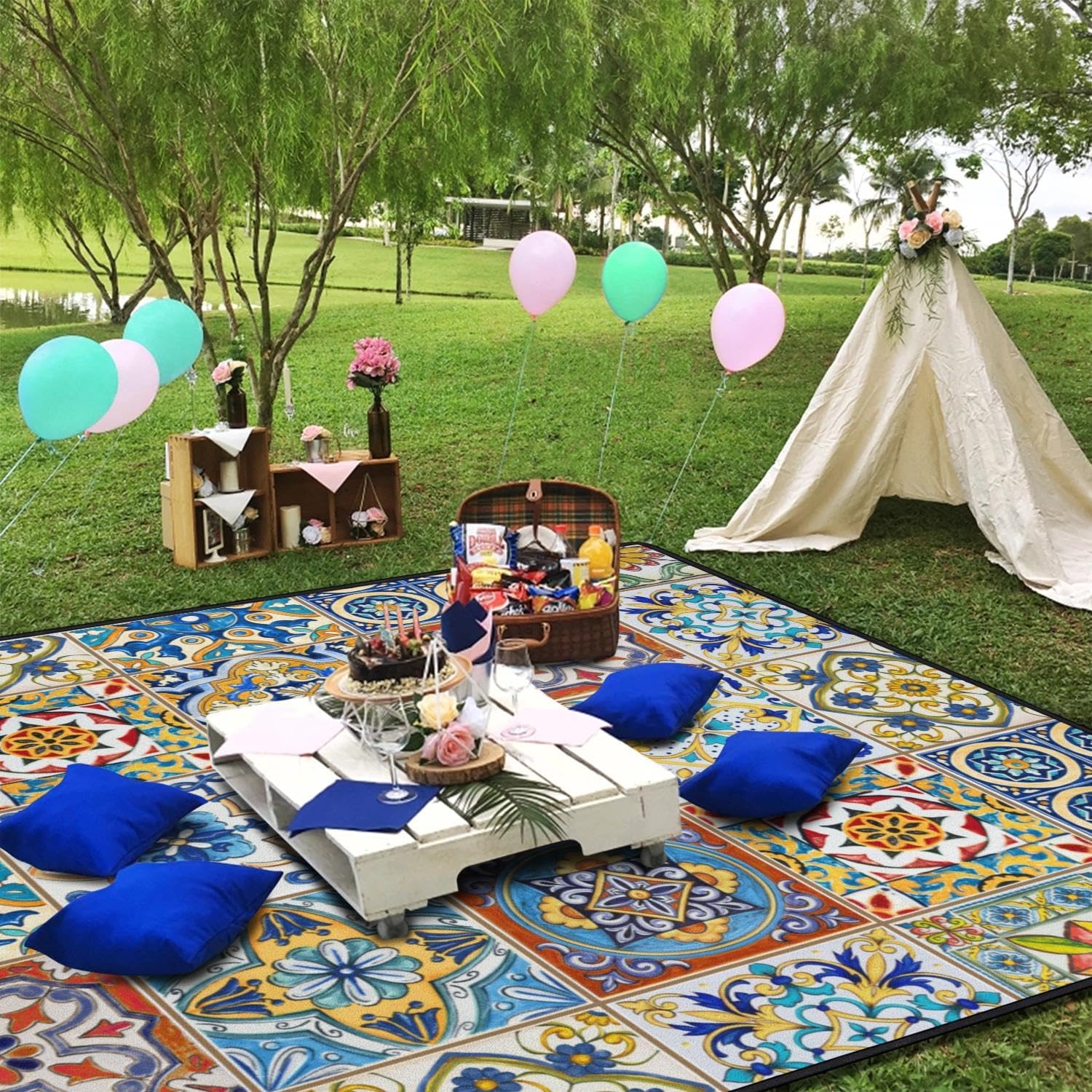 ผ้าห่มปิกนิกแบบพับได้ กันน้ำ ขนาด 60 x 80 ฟุต เสื่อปิกนิกกลางแจ้งแบบพกพา Boho กันน้ำ สำหรับสนามหญ้า ผ้าห่มปูสนามหญ้าในสวนสาธารณะสำหรับการตั้งแคมป์ เดินป่า