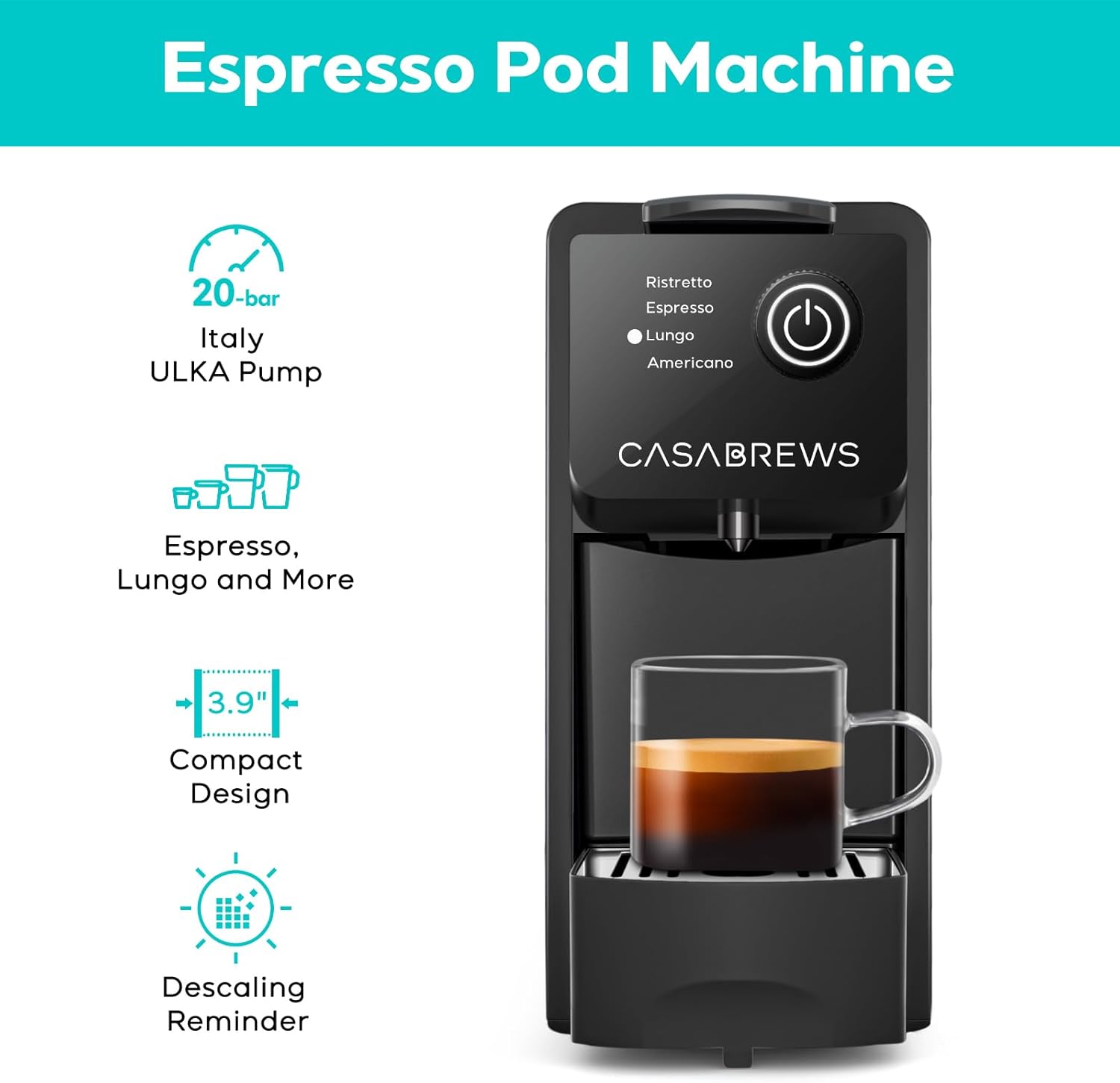 CASABREWS Espresso Machine for Nespresso Original Pods, 20 Bar Coffee Machine with 4 Brewing Modes and 21 oz Removable Water Tank, Compact Capsule Coffee Maker for Home or Office, Ideal Gifts for Mom · v2