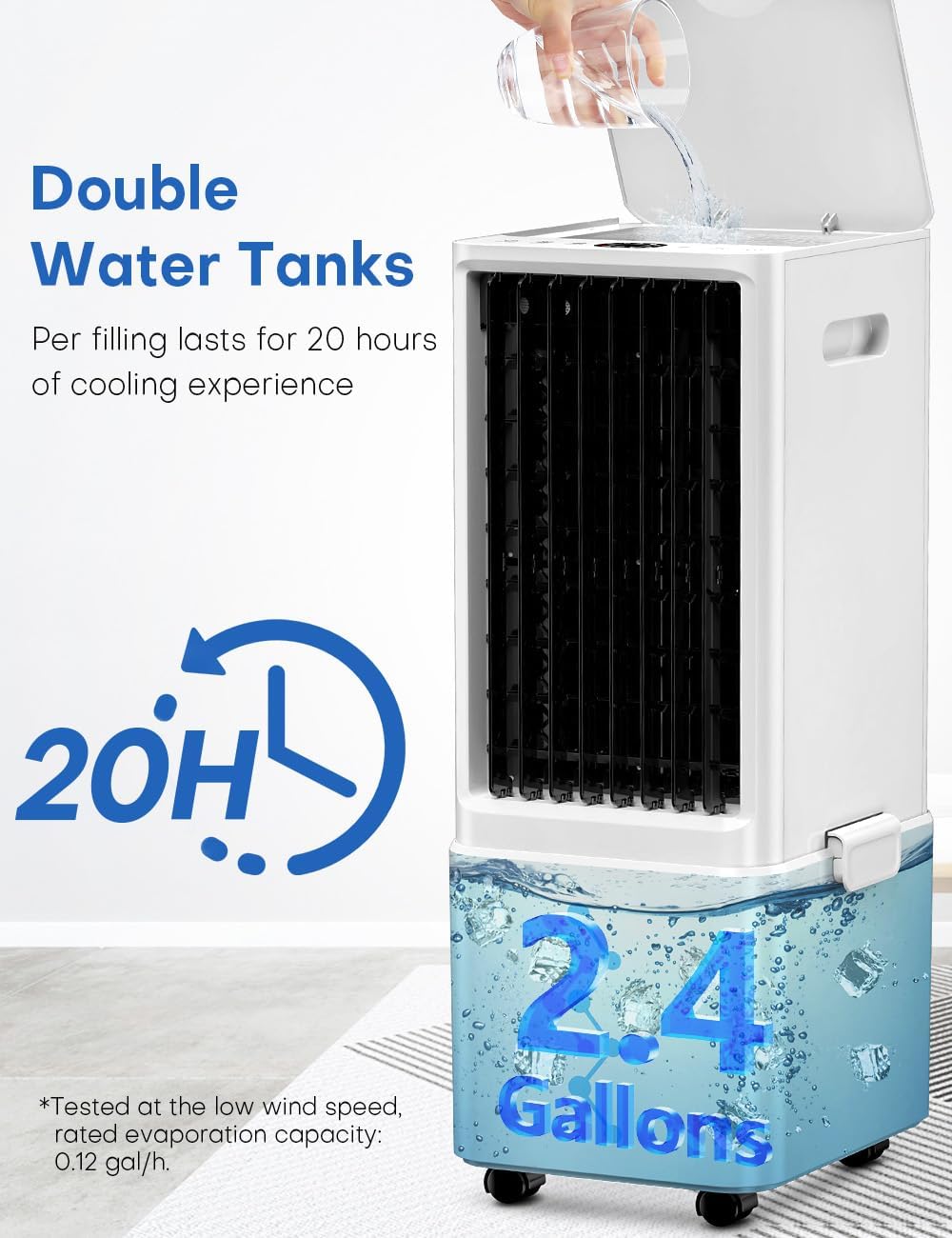 Tragbare Klimaanlagen mit Fernbedienung, 4 Modi, 3 Geschwindigkeiten, wasserloses Alarmsystem, Verstärker; 2,4-Gall-Tank für 20-stündige Kühlung, 12-Stunden-Timer für automatische Abschaltung, 3-IN-1-Verdunstungsluftkühler für Zimmer, Schlafzimmer, Büro