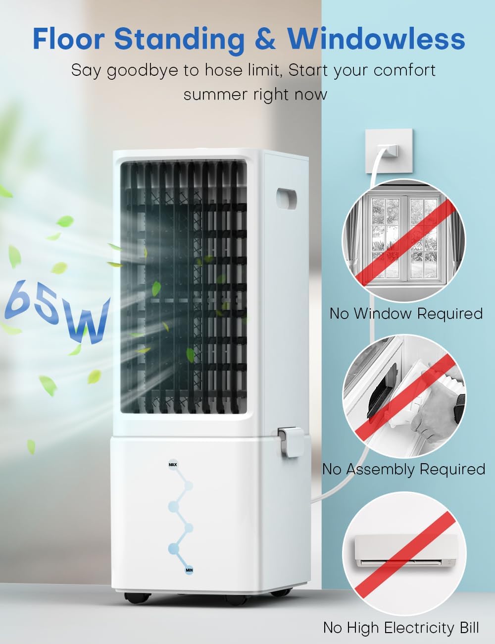 Tragbare Klimaanlagen mit Fernbedienung, 4 Modi, 3 Geschwindigkeiten, wasserloses Alarmsystem, Verstärker; 2,4-Gall-Tank für 20-stündige Kühlung, 12-Stunden-Timer für automatische Abschaltung, 3-IN-1-Verdunstungsluftkühler für Zimmer, Schlafzimmer, Büro