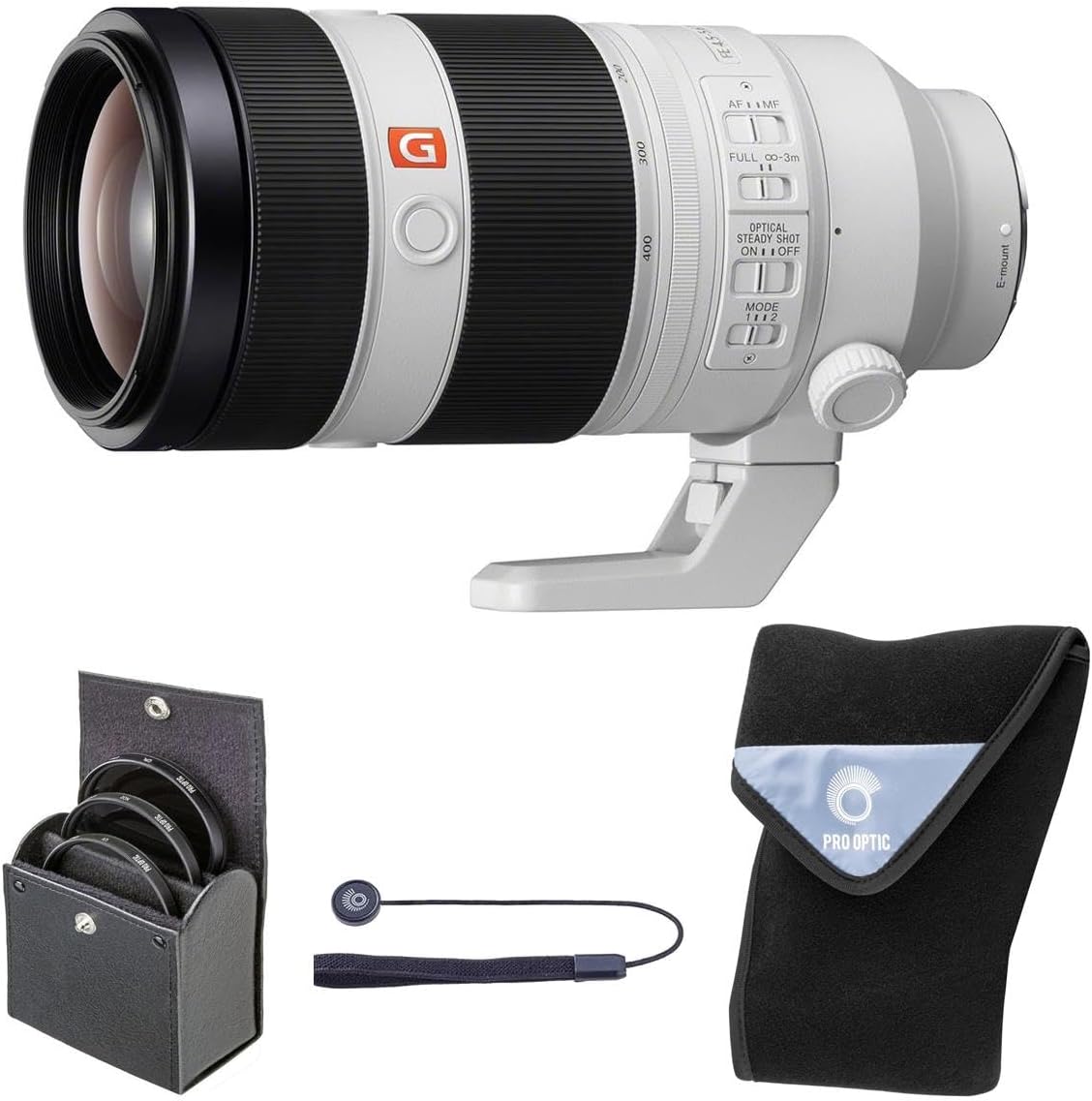Sony FE 100-400mm f/4.5-5.6 GM OSS Lens, Black, Bundle with 77mm Digital Essentials Filter Kit and 19x19 Lens Wrap