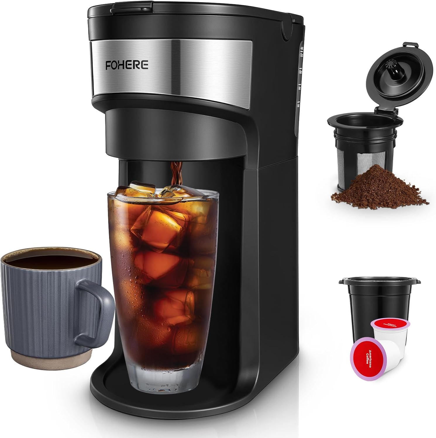 Cafetera FOHERE, cafetera fría y caliente de una sola porción para café molido K Pod, con preparación rápida de los 90, tamaños de preparación de 6 a 14 onzas, cafetera compacta de 1000 W con ventana de agua y modo de descalcificación