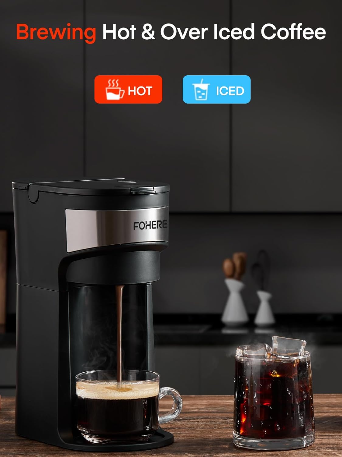 เครื่องชงกาแฟ FOHERE เครื่องชงกาแฟร้อนและเย็นแบบเสิร์ฟครั้งเดียวสำหรับกาแฟบด K Pod พร้อมระบบชงกาแฟที่รวดเร็วถึง 90 วินาที ขนาดชง 6 ถึง 14 ออนซ์ เครื่องชงกาแฟขนาดกะทัดรัด 1,000 วัตต์ พร้อมช่องกรอกน้ำและโหมดขจัดตะกรัน