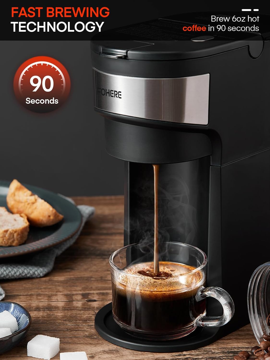 เครื่องชงกาแฟ FOHERE เครื่องชงกาแฟร้อนและเย็นแบบเสิร์ฟครั้งเดียวสำหรับกาแฟบด K Pod พร้อมระบบชงกาแฟที่รวดเร็วถึง 90 วินาที ขนาดชง 6 ถึง 14 ออนซ์ เครื่องชงกาแฟขนาดกะทัดรัด 1,000 วัตต์ พร้อมช่องกรอกน้ำและโหมดขจัดตะกรัน