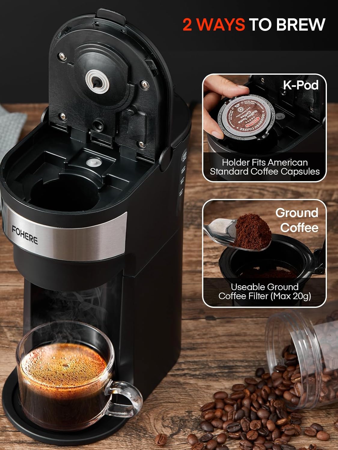 เครื่องชงกาแฟ FOHERE เครื่องชงกาแฟร้อนและเย็นแบบเสิร์ฟครั้งเดียวสำหรับกาแฟบด K Pod พร้อมระบบชงกาแฟที่รวดเร็วถึง 90 วินาที ขนาดชง 6 ถึง 14 ออนซ์ เครื่องชงกาแฟขนาดกะทัดรัด 1,000 วัตต์ พร้อมช่องกรอกน้ำและโหมดขจัดตะกรัน