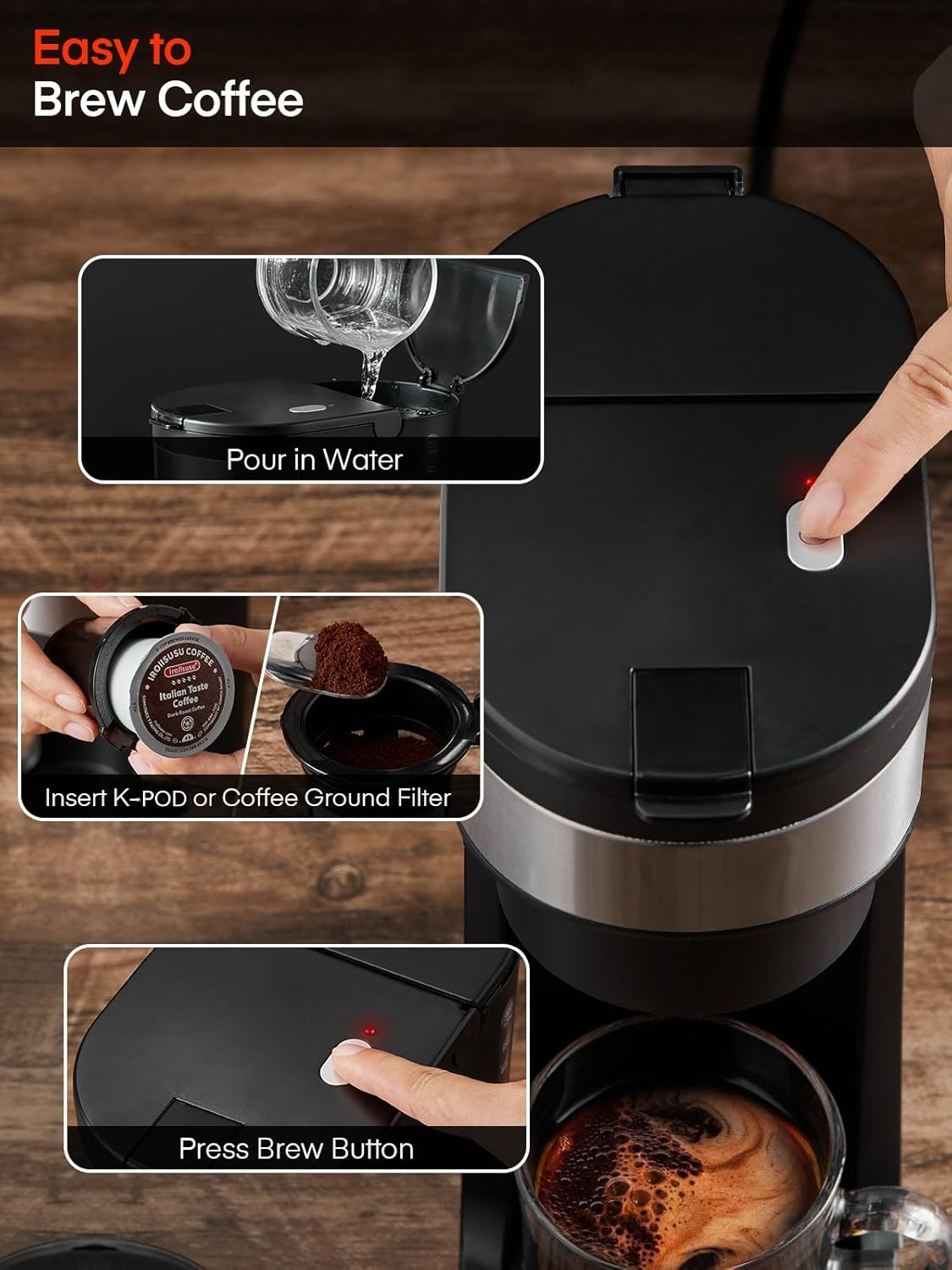 เครื่องชงกาแฟ FOHERE เครื่องชงกาแฟร้อนและเย็นแบบเสิร์ฟครั้งเดียวสำหรับกาแฟบด K Pod พร้อมระบบชงกาแฟที่รวดเร็วถึง 90 วินาที ขนาดชง 6 ถึง 14 ออนซ์ เครื่องชงกาแฟขนาดกะทัดรัด 1,000 วัตต์ พร้อมช่องกรอกน้ำและโหมดขจัดตะกรัน
