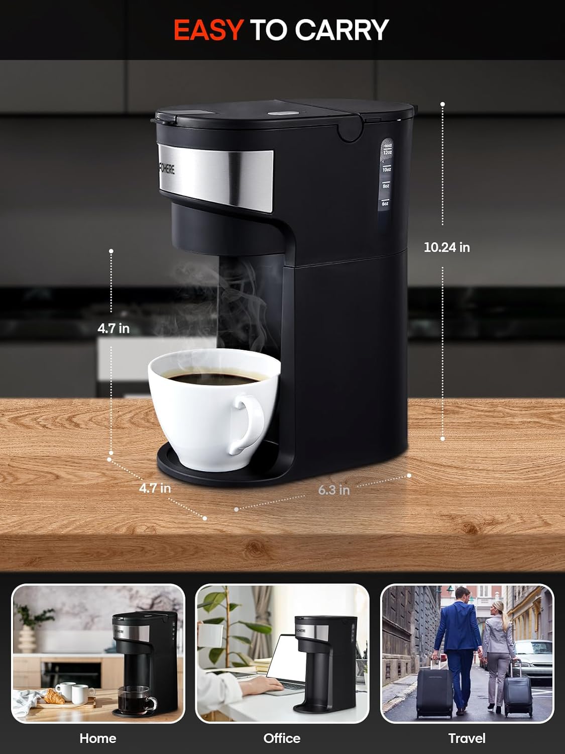 เครื่องชงกาแฟ FOHERE เครื่องชงกาแฟร้อนและเย็นแบบเสิร์ฟครั้งเดียวสำหรับกาแฟบด K Pod พร้อมระบบชงกาแฟที่รวดเร็วถึง 90 วินาที ขนาดชง 6 ถึง 14 ออนซ์ เครื่องชงกาแฟขนาดกะทัดรัด 1,000 วัตต์ พร้อมช่องกรอกน้ำและโหมดขจัดตะกรัน