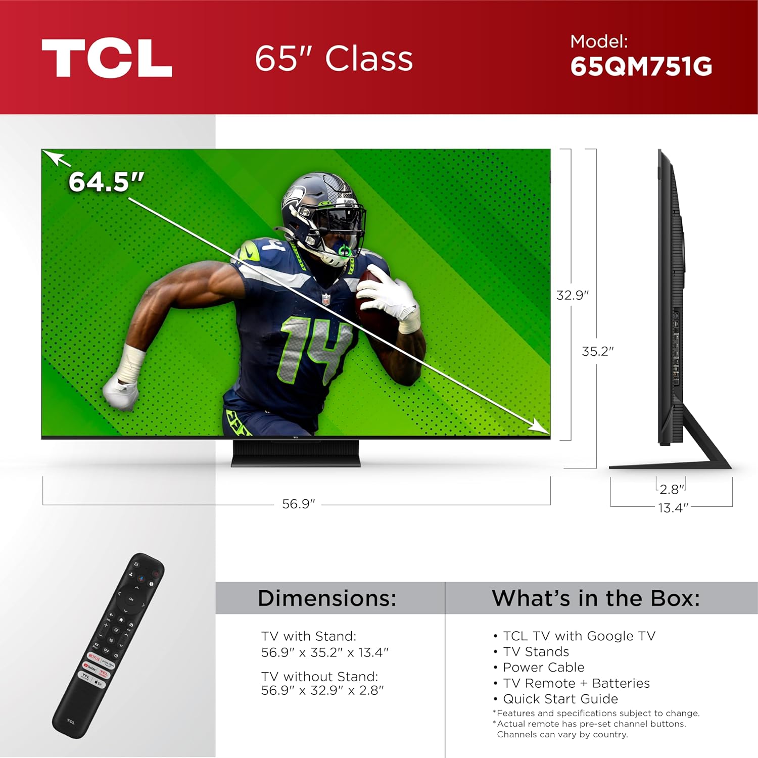 TCL 65-Inch QM7 QLED 4K Smart QD-Mini LED TV with Google TV (65QM751G, 2024 Model) Dolby Vision IQ, Dolby Atmos, HDR, Game Accelerator up to 240Hz, Voice Remote, Works with Alexa, Streaming Television · v3