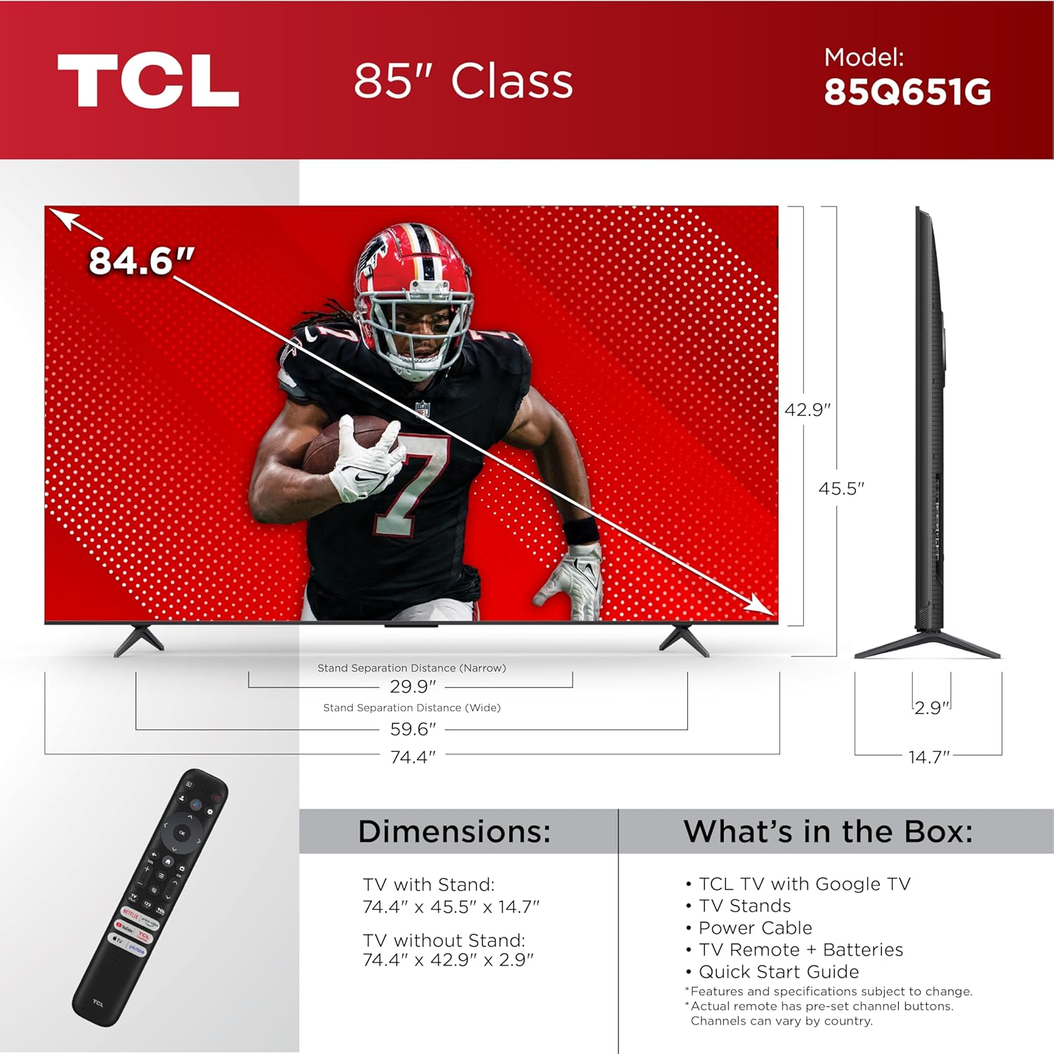 TCL 85-Inch Q65 QLED 4K UHD Smart TV with Google TV (85Q651G, 2024 Model) Dolby Vision, Dolby Atmos, HDR Pro , Game Accelerator Enhanced Gaming, Voice Remote, Works with Alexa, Streaming Television · v6