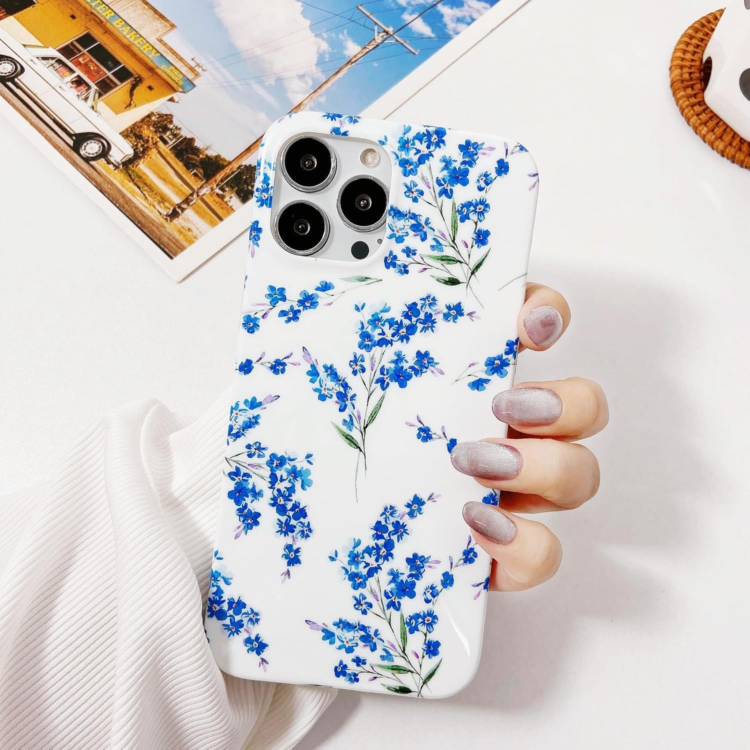 J.west Floral Compatible with iPhone 15 Pro Max Case, Soft TPU Design, Cute Flower Pattern Shockproof Bumper Phone Case Cover for Women  Girls - 6.7 Blue