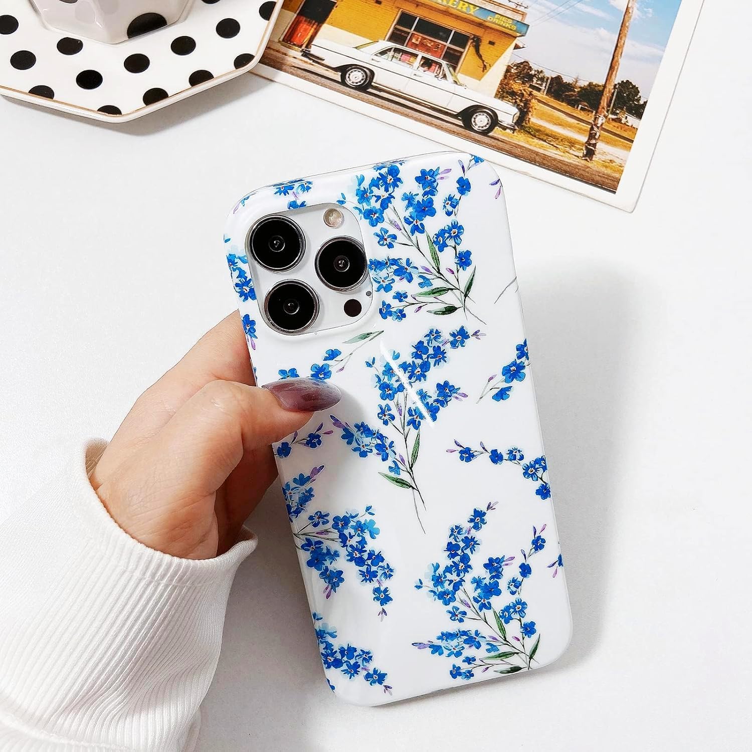 J.west Floral Compatible with iPhone 15 Pro Max Case, Soft TPU Design, Cute Flower Pattern Shockproof Bumper Phone Case Cover for Women  Girls - 6.7 Blue