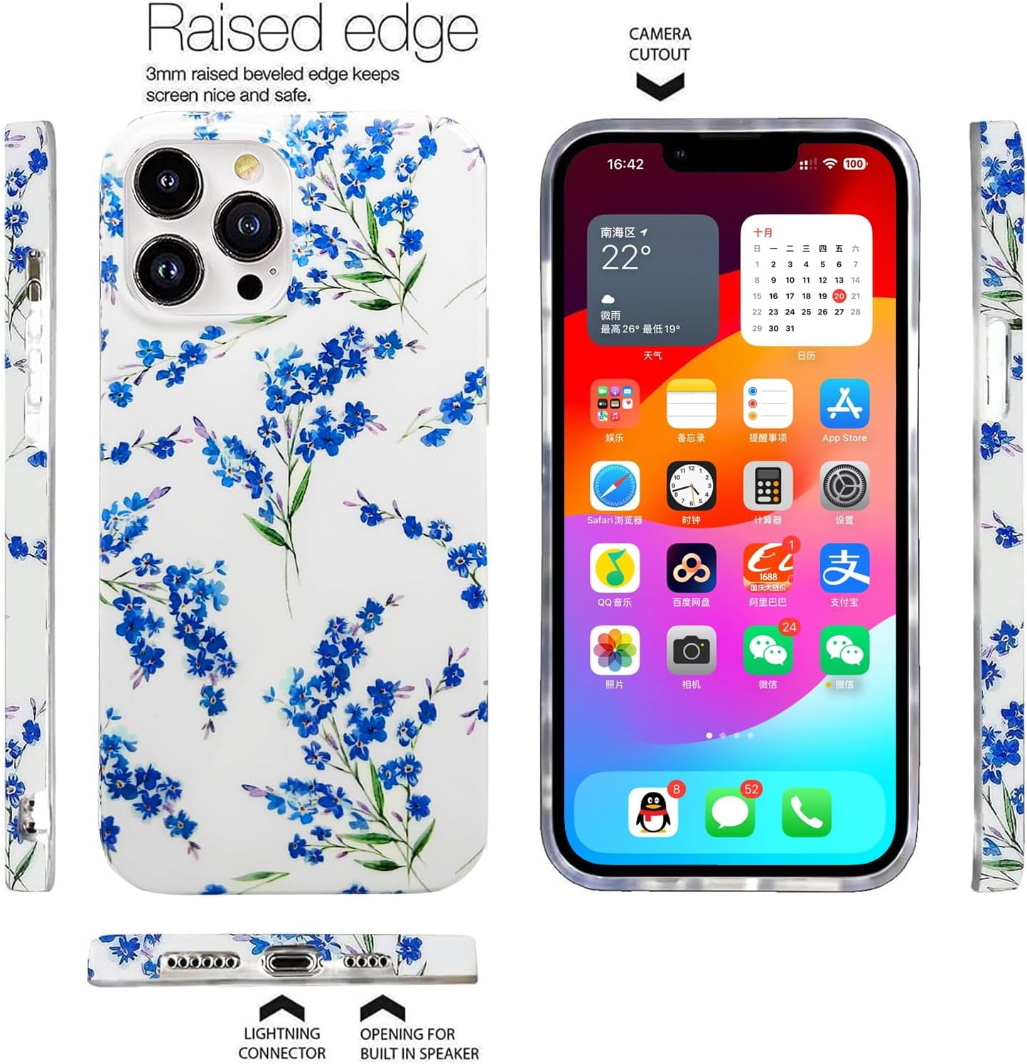 J.west Floral Compatible with iPhone 15 Pro Max Case, Soft TPU Design, Cute Flower Pattern Shockproof Bumper Phone Case Cover for Women  Girls - 6.7 Blue