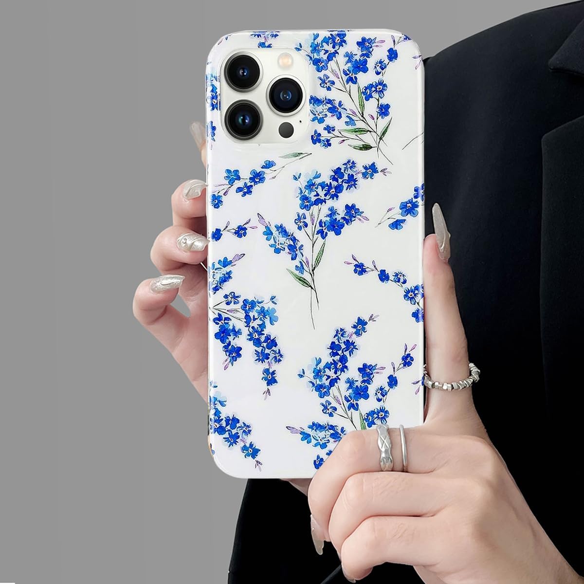 J.west Floral Compatible with iPhone 15 Pro Max Case, Soft TPU Design, Cute Flower Pattern Shockproof Bumper Phone Case Cover for Women  Girls - 6.7 Blue