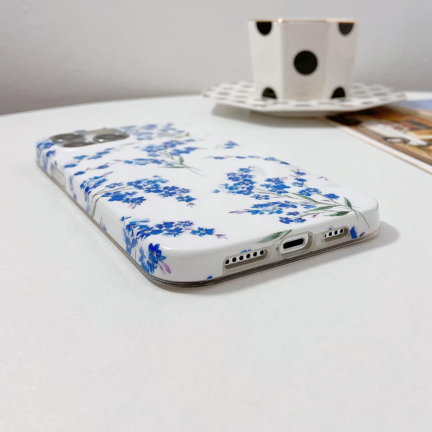 J.west Floral Compatible with iPhone 15 Pro Max Case, Soft TPU Design, Cute Flower Pattern Shockproof Bumper Phone Case Cover for Women  Girls - 6.7 Blue