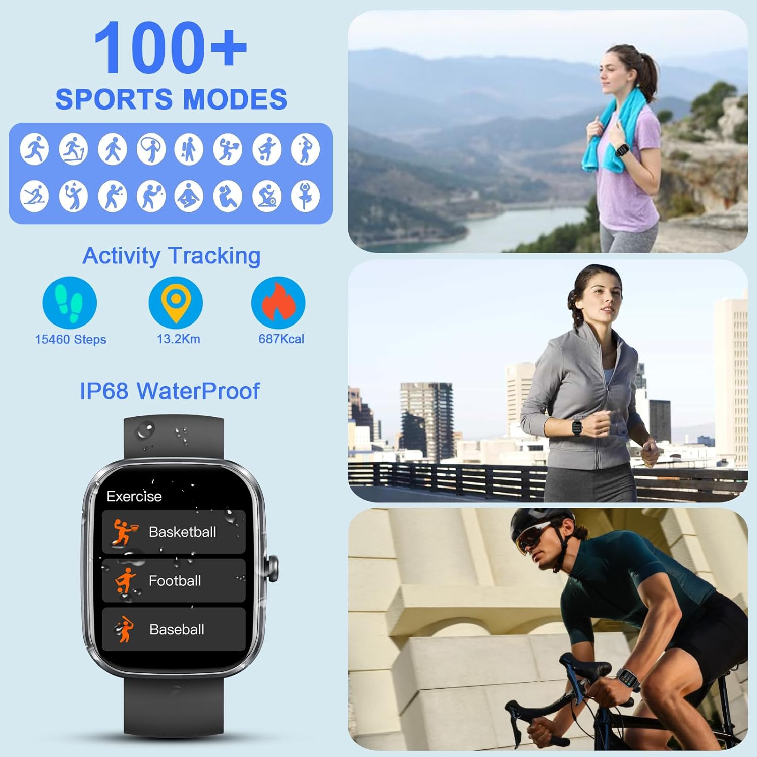 Smartwatch, 1.91 Smartwatch für Männer und Frauen (Anrufe entgegennehmen/tätigen), Fitness-Tracker mit 100 Sportmodi, IP68 wasserdicht, Herzfrequenz-/Schlafmonitor, Spo2, Schrittzähler, Aktivitätstracker für Android iOS