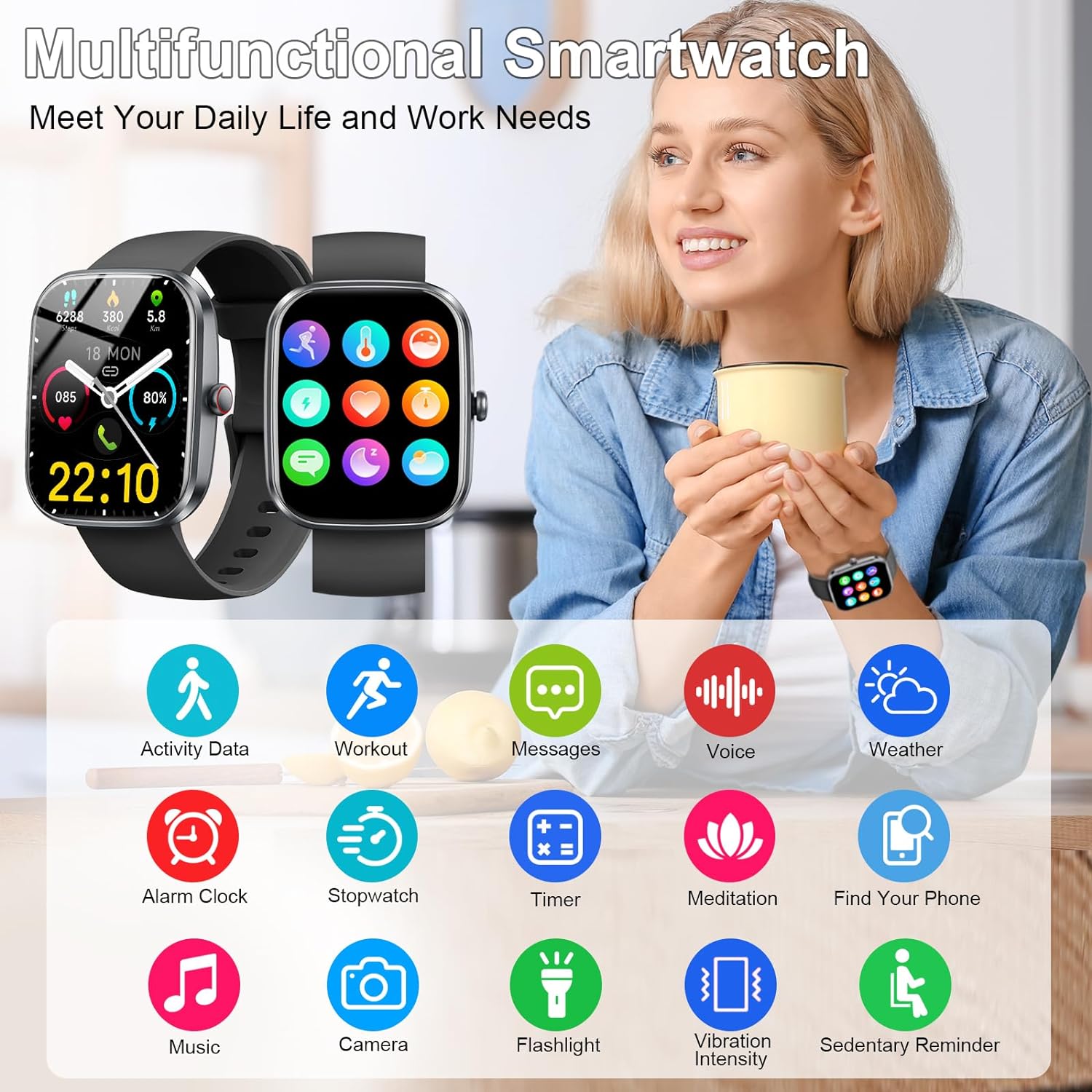 Smartwatch, 1.91 Smartwatch für Männer und Frauen (Anrufe entgegennehmen/tätigen), Fitness-Tracker mit 100 Sportmodi, IP68 wasserdicht, Herzfrequenz-/Schlafmonitor, Spo2, Schrittzähler, Aktivitätstracker für Android iOS