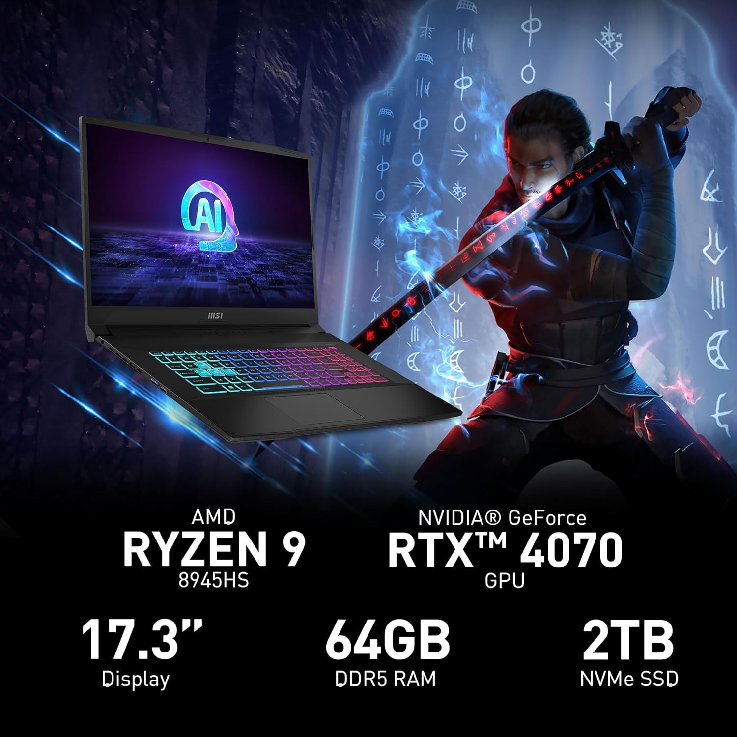 MSI Katana A17 AI 17.3” 240Hz QHD Gaming Laptop: Ryzen 9-8945HS, NVIDIA Geforce RTX 4070, 64GB DDR5, 2TB NVMe SSD, Cooler Boost 5, Win 11: Black B8VG-879US · v3