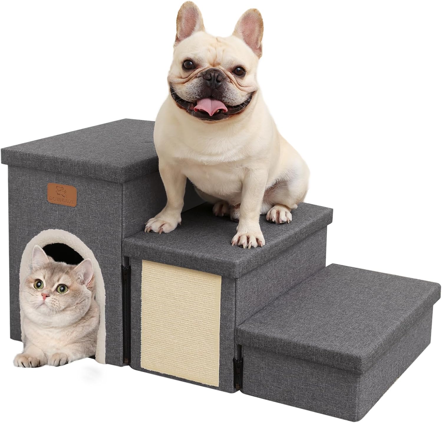 downluxe Scale per cani di piccola taglia, Scalette pieghevoli per cani per letto, divano e sedia, gradini antiscivolo per animali domestici con tiragraffi e condominio (scala per animali domestici a 3 gradini, grigio scuro)