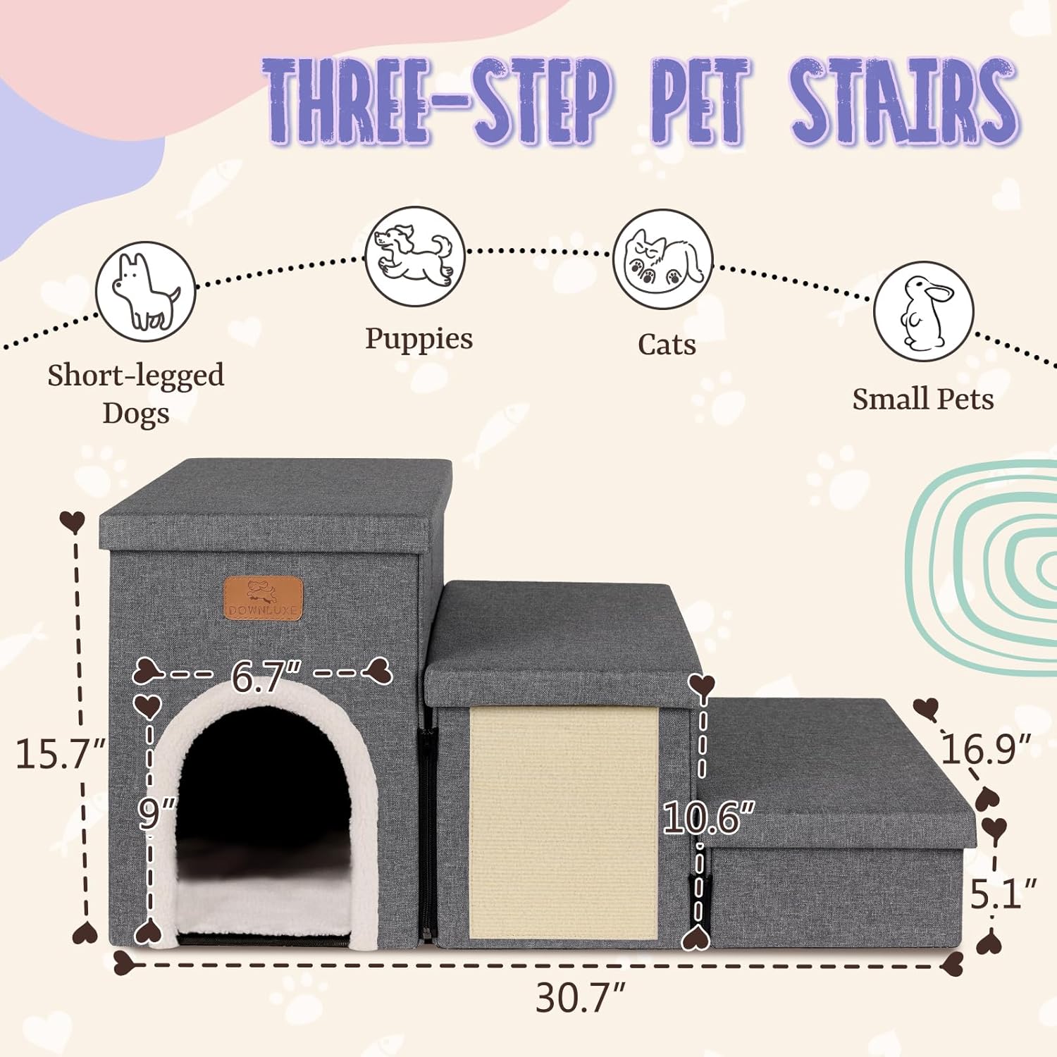 downluxe Dog Stairs for Small Dogs, Foldable Dog Steps for Bed, Sofa and Chair, Non-Slip Pet Steps with Cat Scratcher and Condo (3-Step Pet Stairs, Dark Grey) · v3