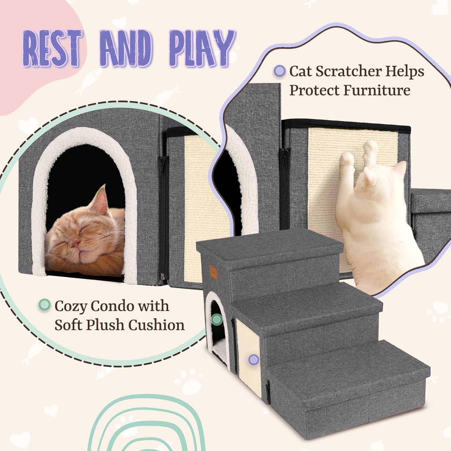 downluxe Dog Stairs for Small Dogs, Foldable Dog Steps for Bed, Sofa and Chair, Non-Slip Pet Steps with Cat Scratcher and Condo (3-Step Pet Stairs, Dark Grey) · v3