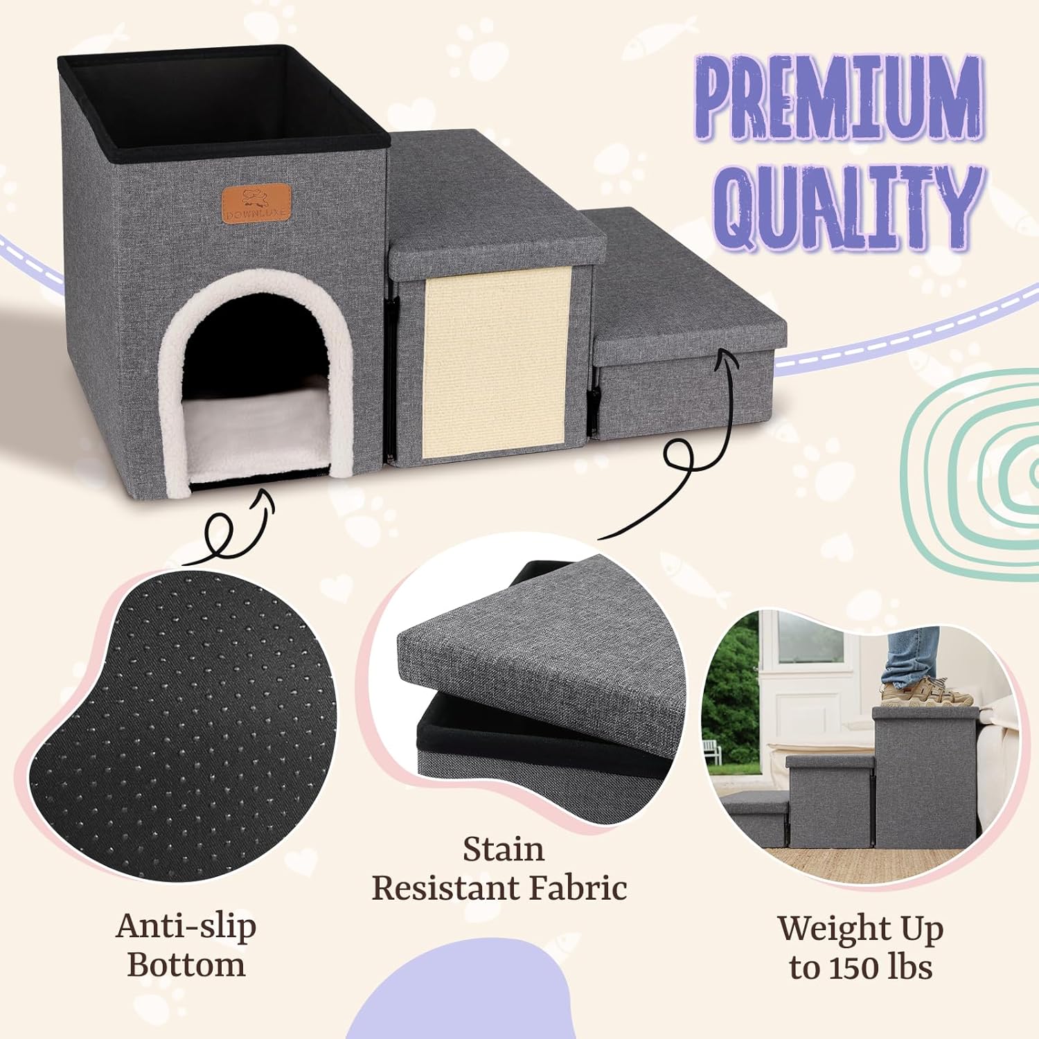 downluxe Dog Stairs for Small Dogs, Foldable Dog Steps for Bed, Sofa and Chair, Non-Slip Pet Steps with Cat Scratcher and Condo (3-Step Pet Stairs, Dark Grey) · v3