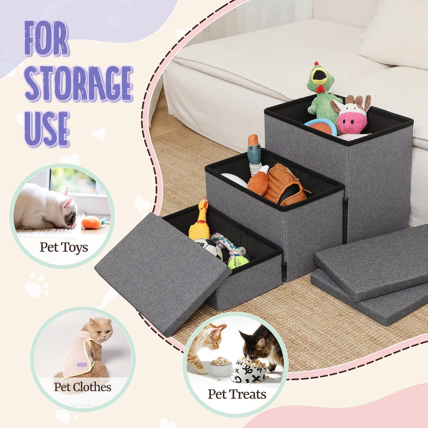 downluxe Dog Stairs for Small Dogs, Foldable Dog Steps for Bed, Sofa and Chair, Non-Slip Pet Steps with Cat Scratcher and Condo (3-Step Pet Stairs, Dark Grey) · v3