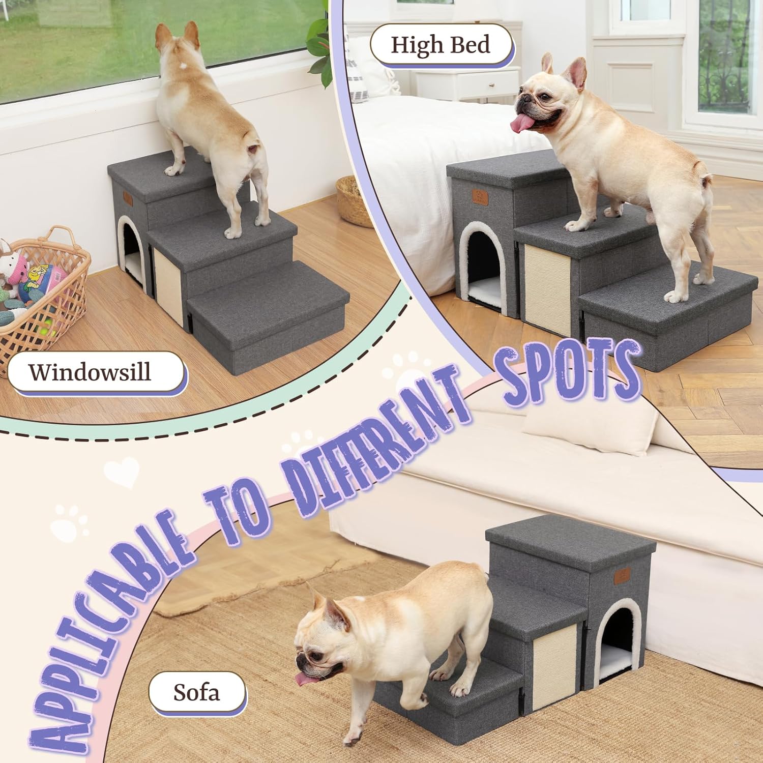 downluxe Dog Stairs for Small Dogs, Foldable Dog Steps for Bed, Sofa and Chair, Non-Slip Pet Steps with Cat Scratcher and Condo (3-Step Pet Stairs, Dark Grey) · v3