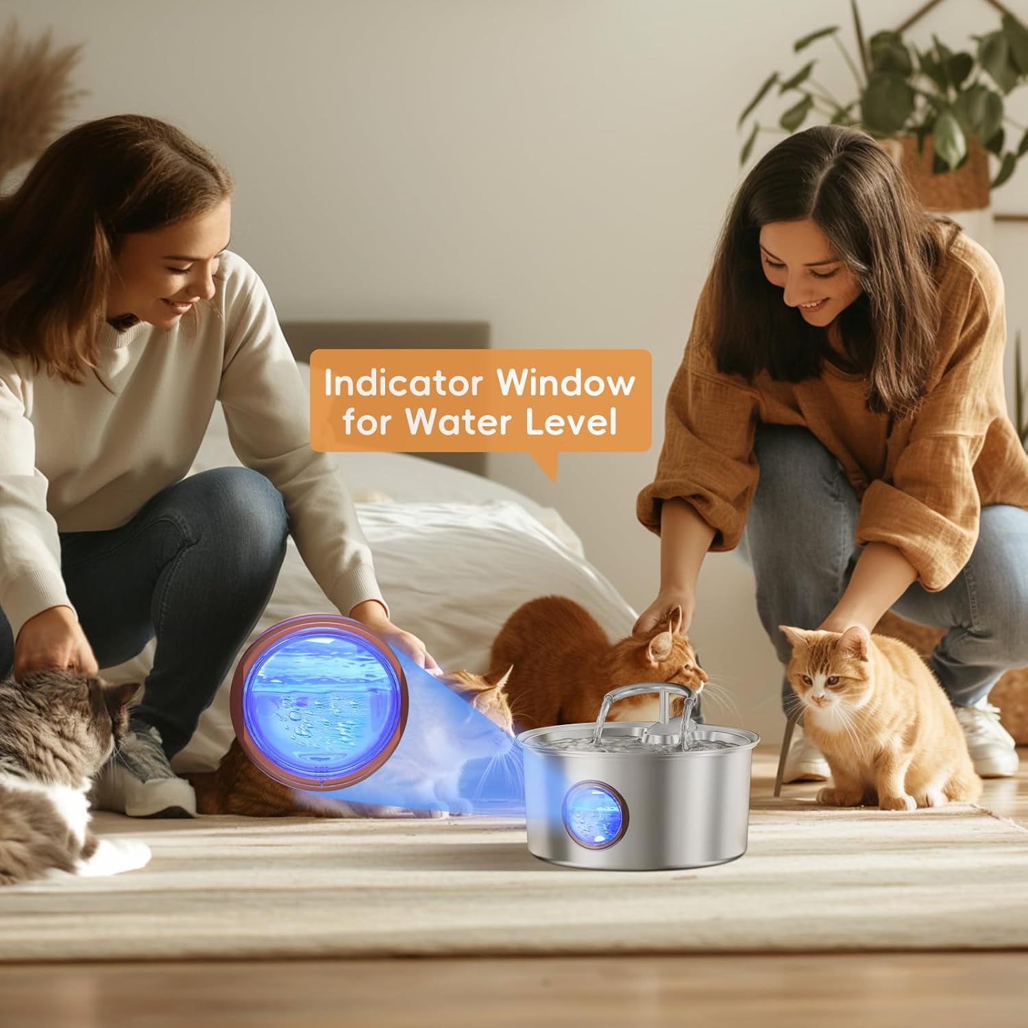 Tomxcute น้ำพุสำหรับแมว สแตนเลสสตีล - น้ำพุสำหรับแมว 108 ออนซ์/3.2 ลิตร สำหรับดื่ม น้ำพุสำหรับแมวพร้อมช่องแสดงระดับน้ำ ปั๊มอัจฉริยะ ตัวกรองสำหรับแมว สุนัข และสัตว์เลี้ยงหลายชนิด