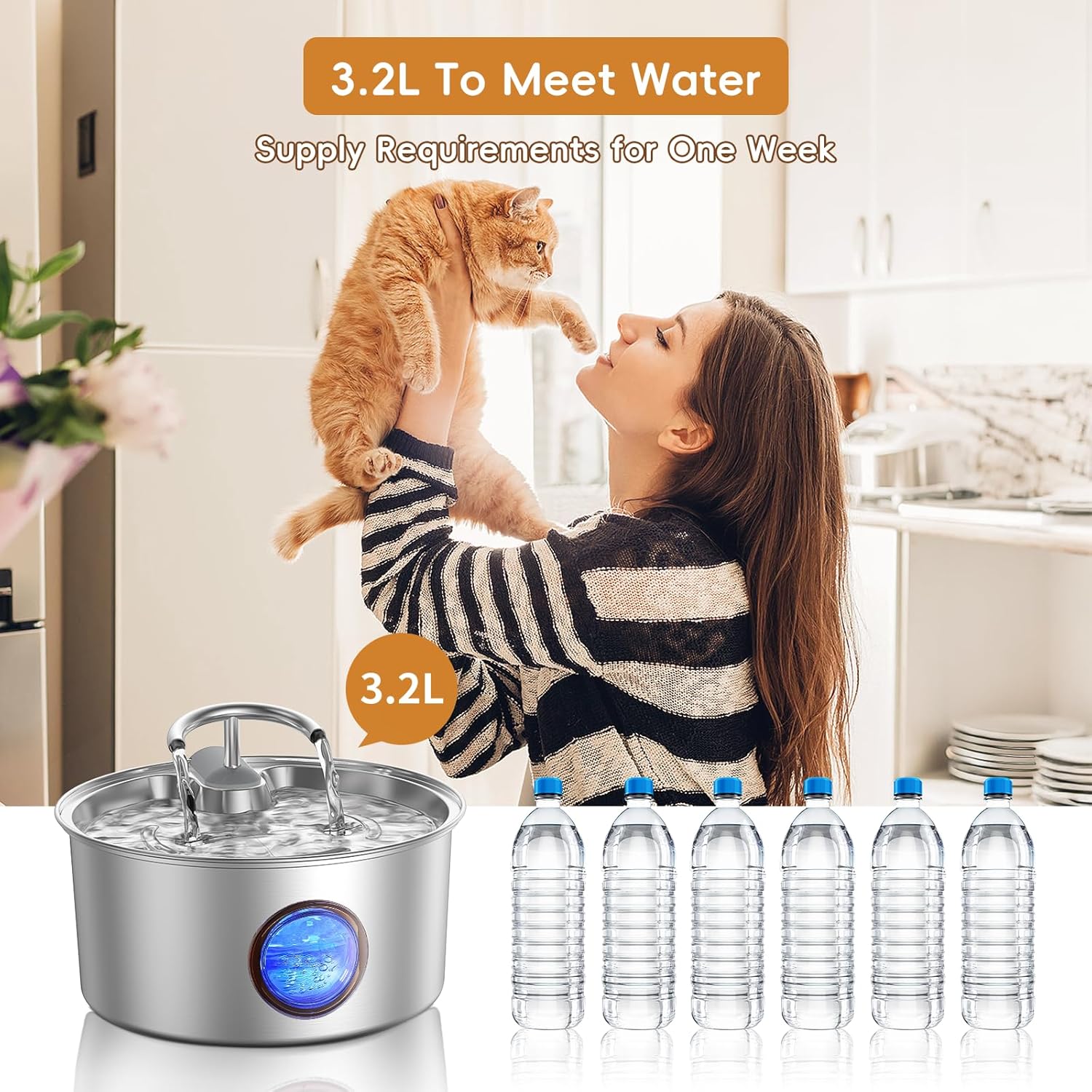 Tomxcute น้ำพุสำหรับแมว สแตนเลสสตีล - น้ำพุสำหรับแมว 108 ออนซ์/3.2 ลิตร สำหรับดื่ม น้ำพุสำหรับแมวพร้อมช่องแสดงระดับน้ำ ปั๊มอัจฉริยะ ตัวกรองสำหรับแมว สุนัข และสัตว์เลี้ยงหลายชนิด