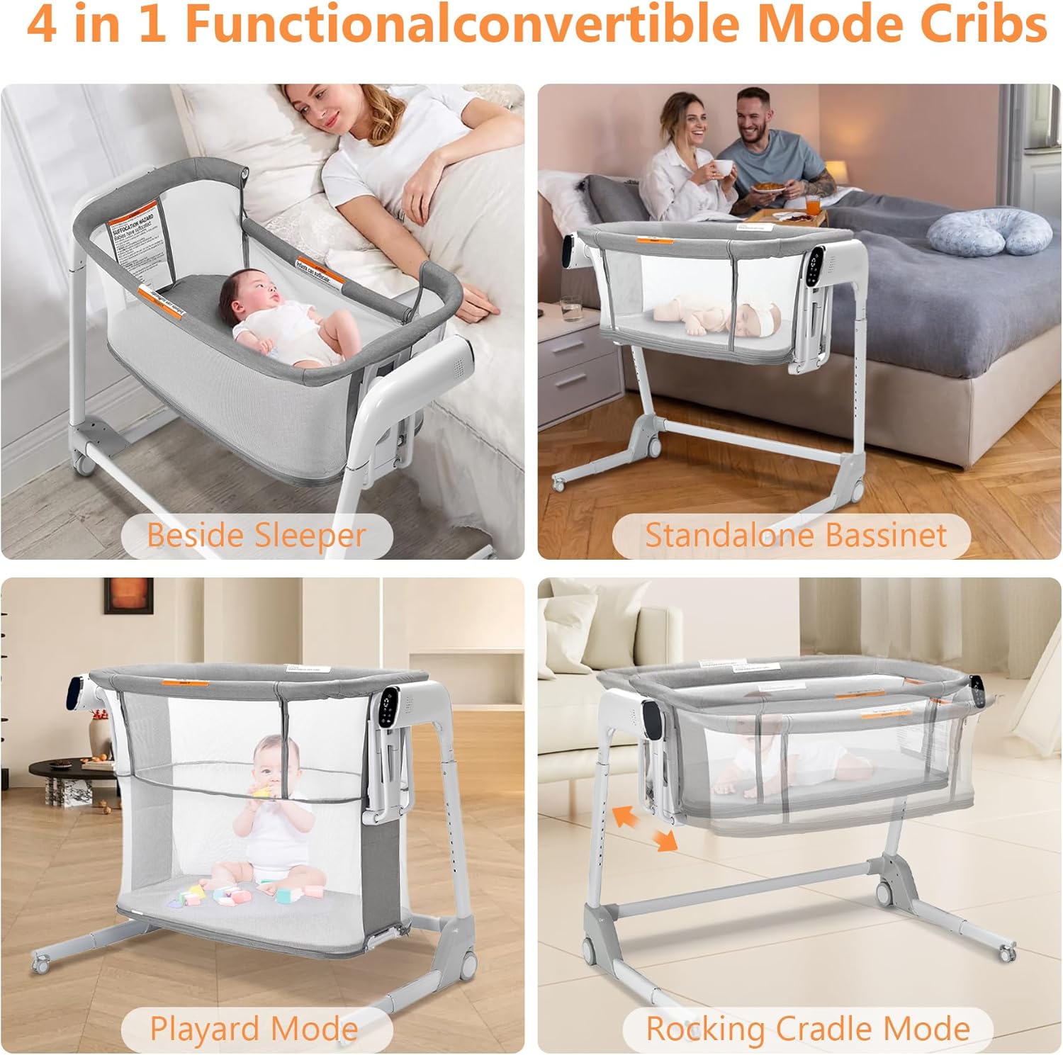 4 in 1 Rocking Bassinet for Baby Automatic Bedside Bassinet Electric Baby Cradle with Mattress, 7 Heights Adjustable Bedside Sleeper for Babies Infant Smart Auto Rocking Crib with Playpen Game Bed · v3