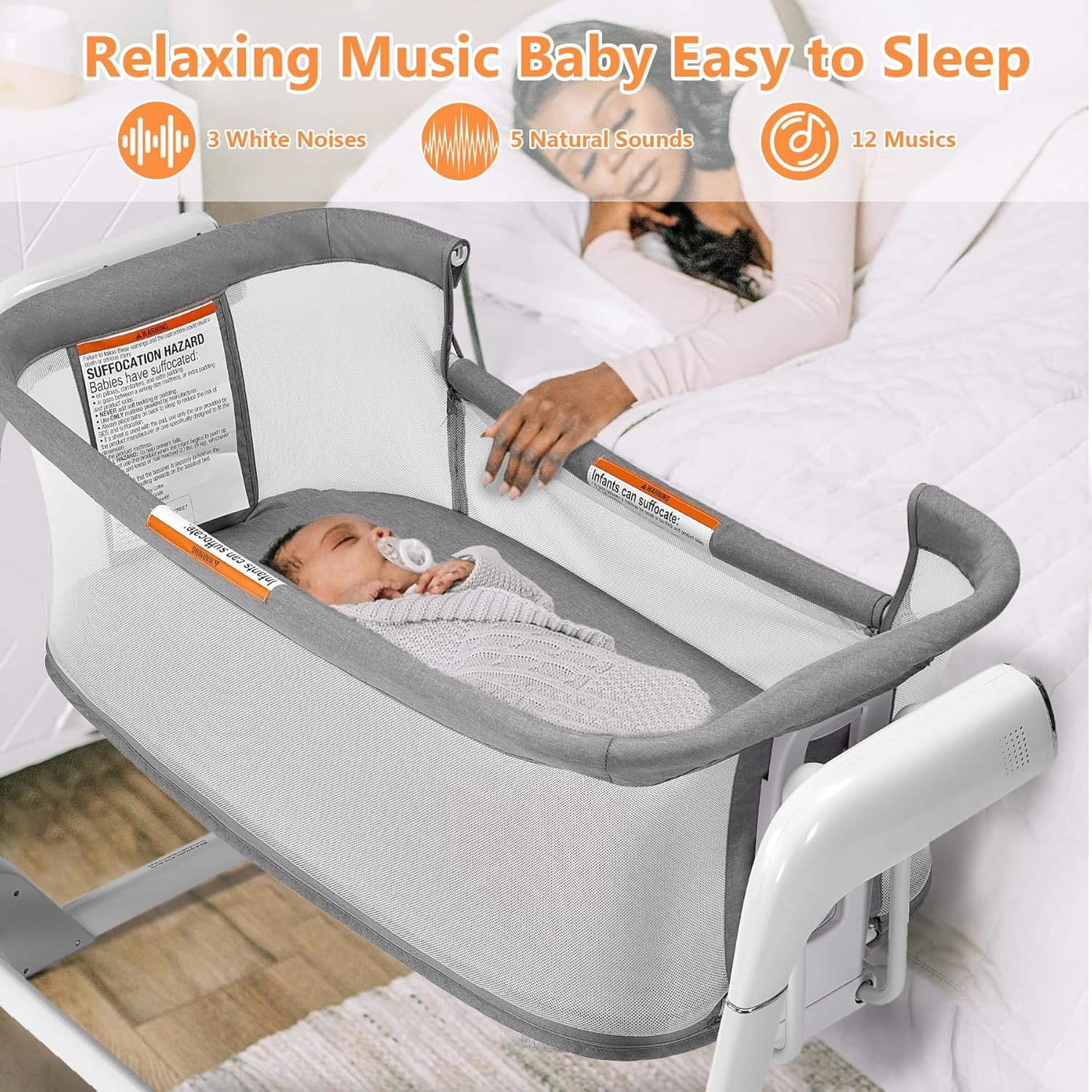 4 in 1 Rocking Bassinet for Baby Automatic Bedside Bassinet Electric Baby Cradle with Mattress, 7 Heights Adjustable Bedside Sleeper for Babies Infant Smart Auto Rocking Crib with Playpen Game Bed · v3