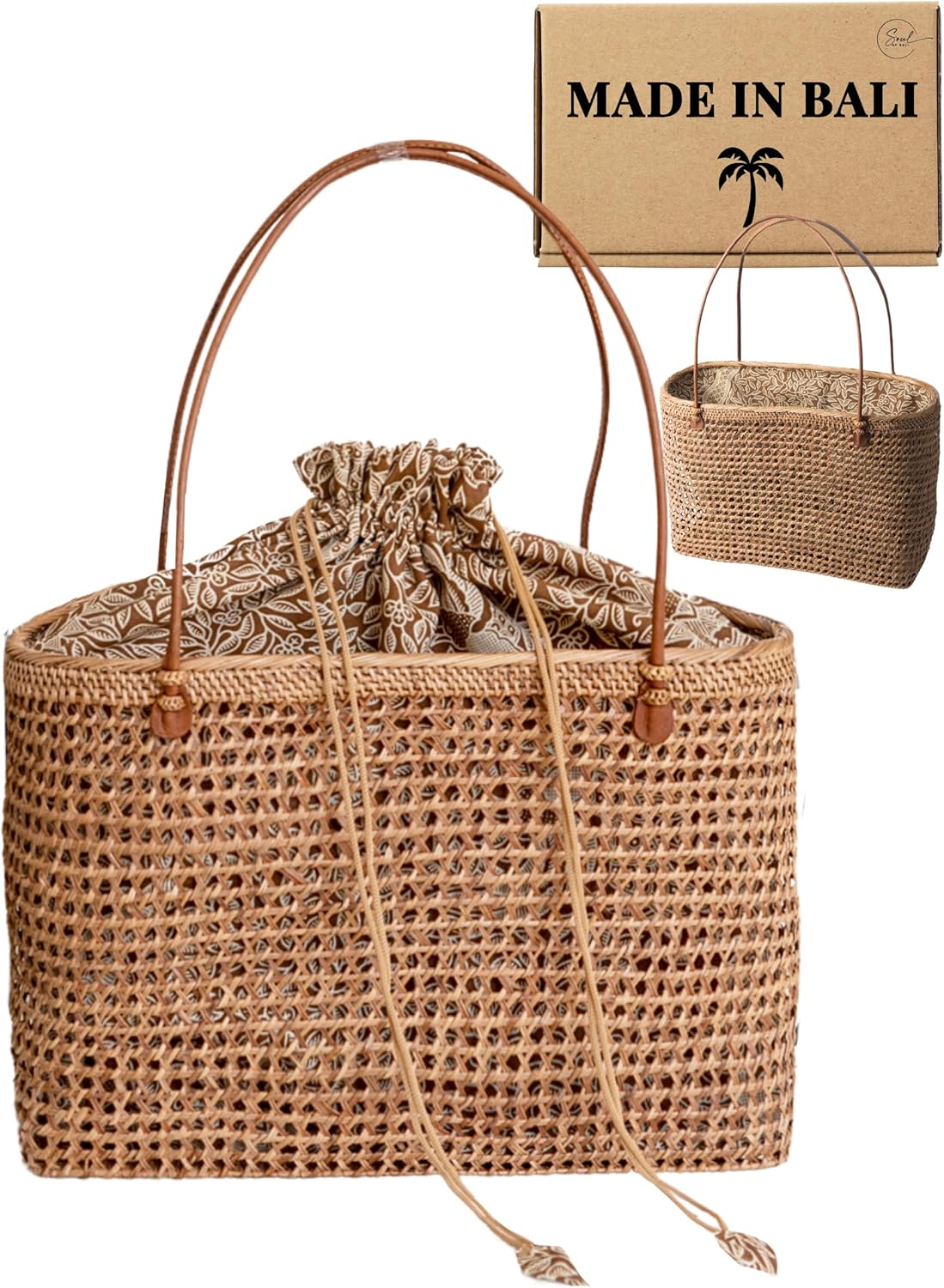 Beach Bags for Women - Rattan Bag Handcrafted Balinese - Brown Straw Tote for Beach Essentials - Boho Style Large Tote Bag for Women - Wicker Handbag for Summer 2025 - Vacation Essentials · v2
