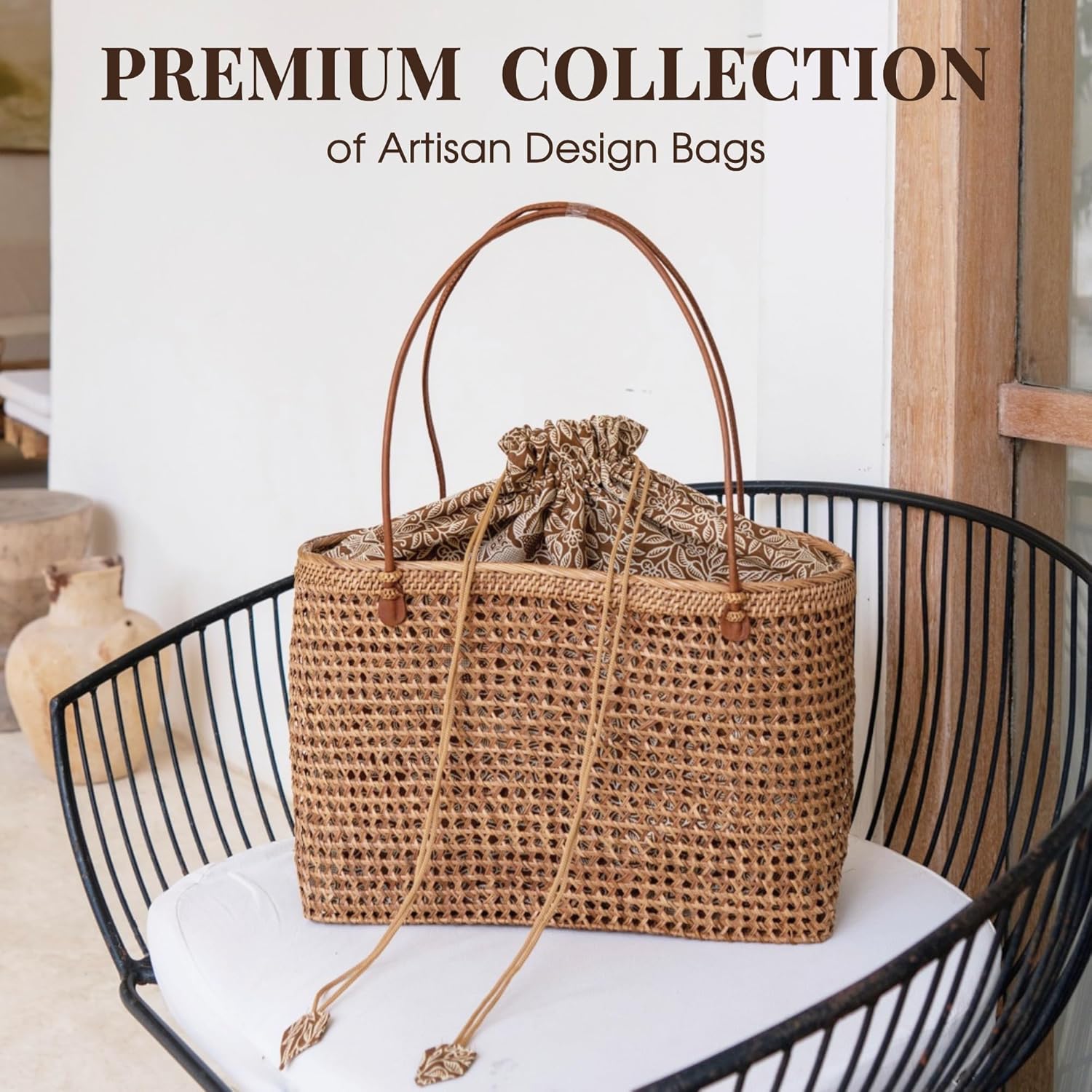 Beach Bags for Women - Rattan Bag Handcrafted Balinese - Brown Straw Tote for Beach Essentials - Boho Style Large Tote Bag for Women - Wicker Handbag for Summer 2025 - Vacation Essentials · v2