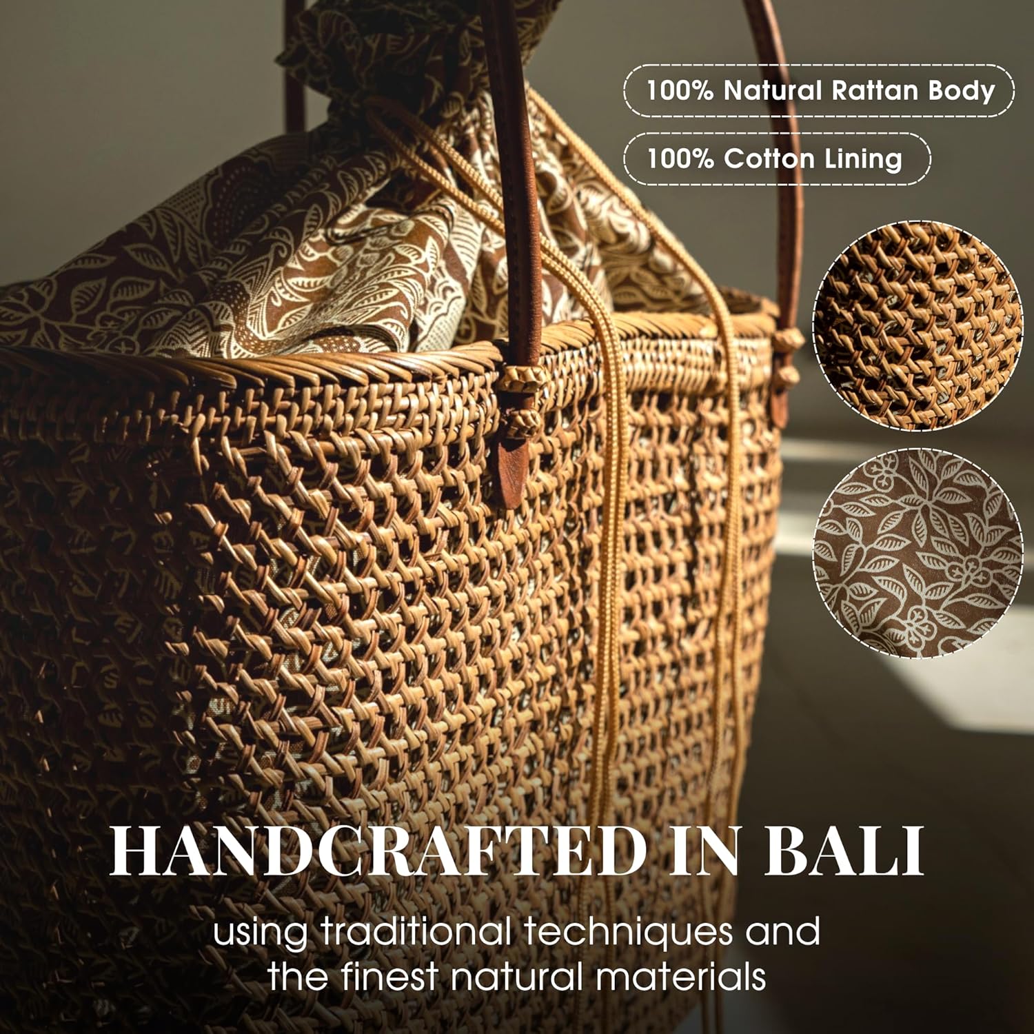Beach Bags for Women - Rattan Bag Handcrafted Balinese - Brown Straw Tote for Beach Essentials - Boho Style Large Tote Bag for Women - Wicker Handbag for Summer 2025 - Vacation Essentials · v2
