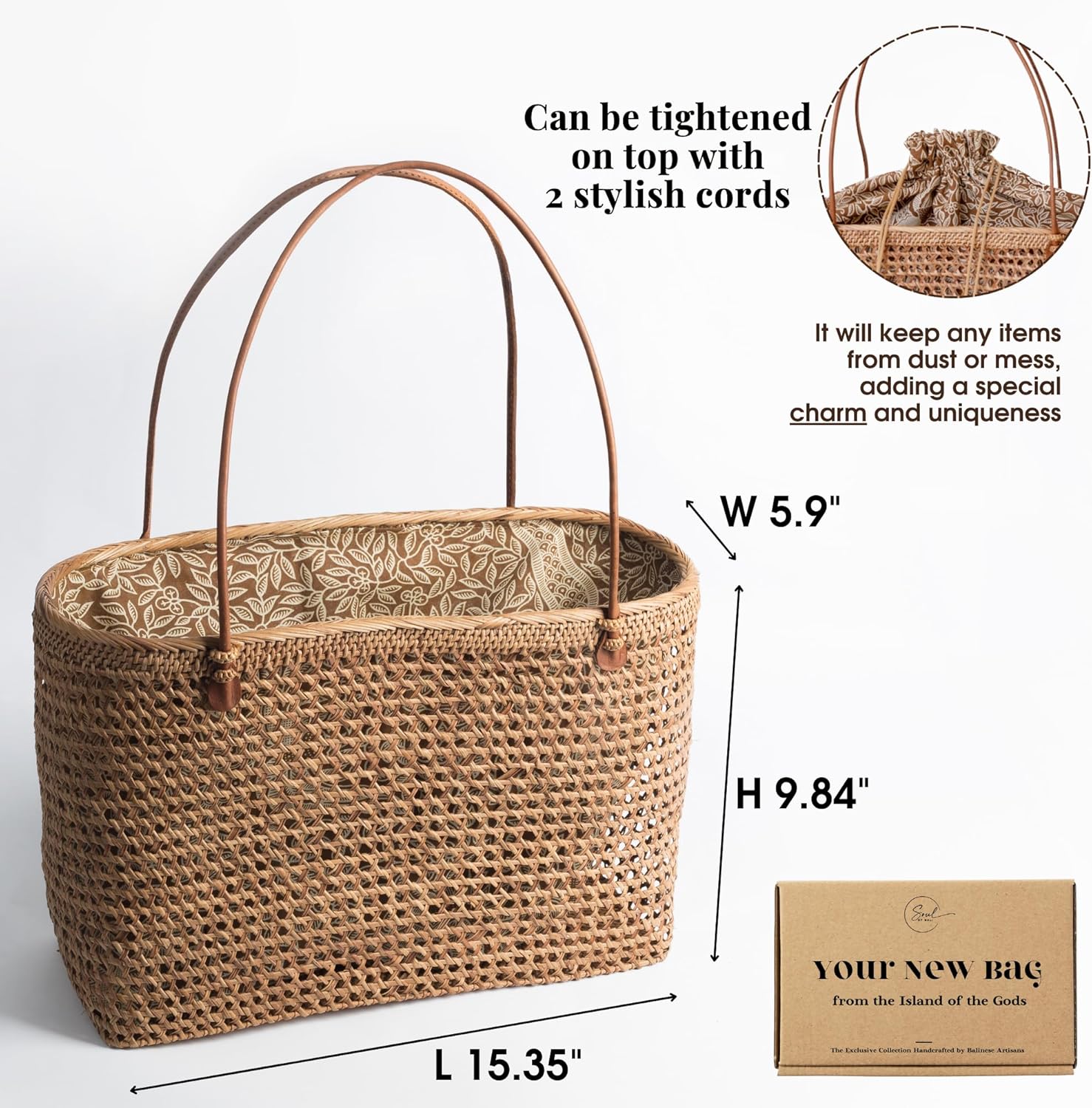 Beach Bags for Women - Rattan Bag Handcrafted Balinese - Brown Straw Tote for Beach Essentials - Boho Style Large Tote Bag for Women - Wicker Handbag for Summer 2025 - Vacation Essentials · v2