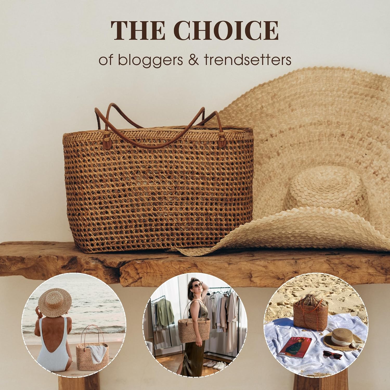 Beach Bags for Women - Rattan Bag Handcrafted Balinese - Brown Straw Tote for Beach Essentials - Boho Style Large Tote Bag for Women - Wicker Handbag for Summer 2025 - Vacation Essentials · v2