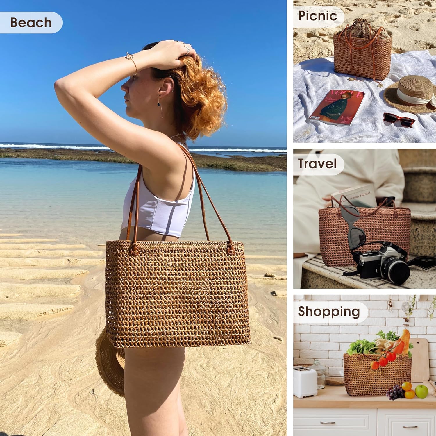 Beach Bags for Women - Rattan Bag Handcrafted Balinese - Brown Straw Tote for Beach Essentials - Boho Style Large Tote Bag for Women - Wicker Handbag for Summer 2025 - Vacation Essentials · v2