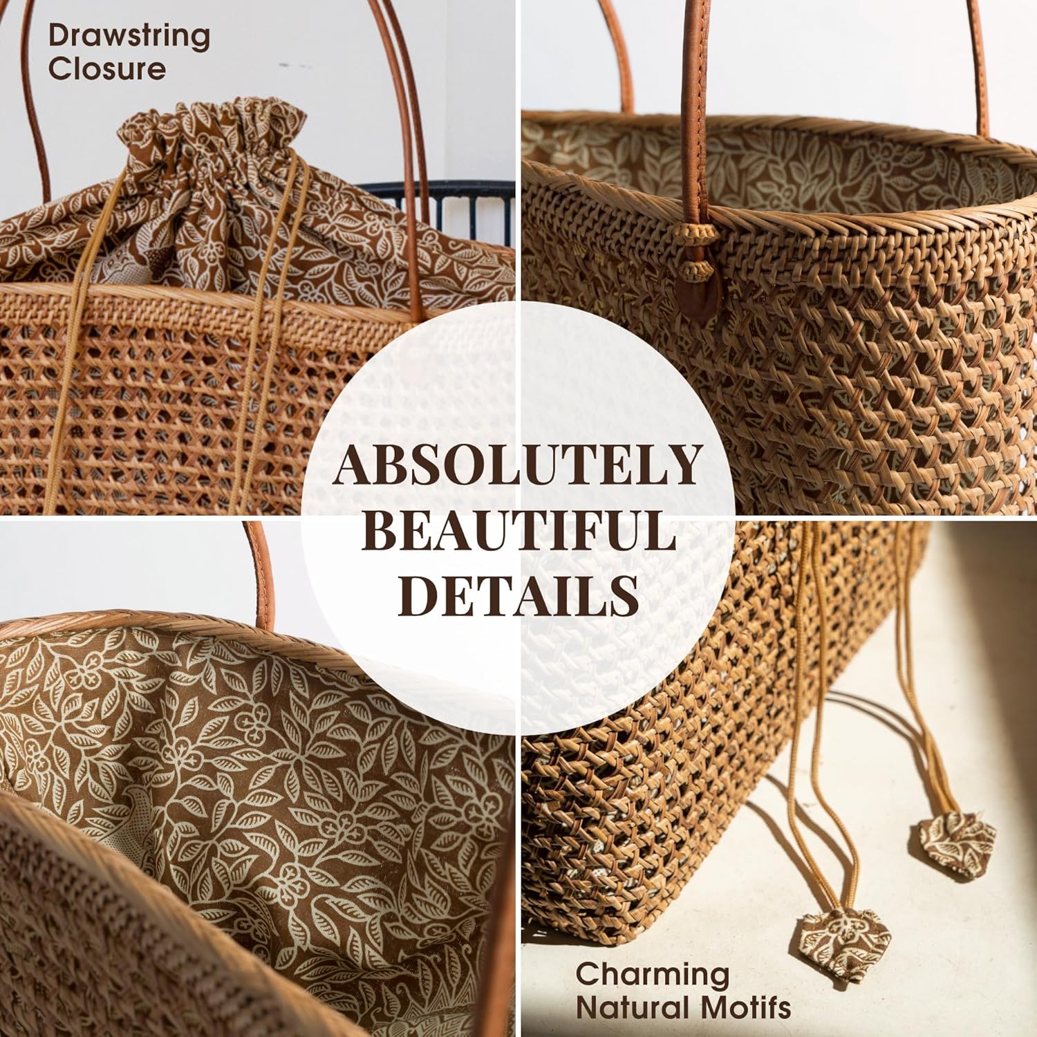 Beach Bags for Women - Rattan Bag Handcrafted Balinese - Brown Straw Tote for Beach Essentials - Boho Style Large Tote Bag for Women - Wicker Handbag for Summer 2025 - Vacation Essentials · v2