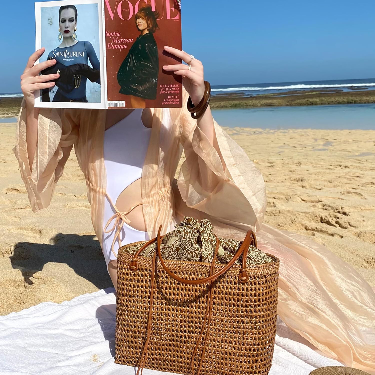 Beach Bags for Women - Rattan Bag Handcrafted Balinese - Brown Straw Tote for Beach Essentials - Boho Style Large Tote Bag for Women - Wicker Handbag for Summer 2025 - Vacation Essentials · v2