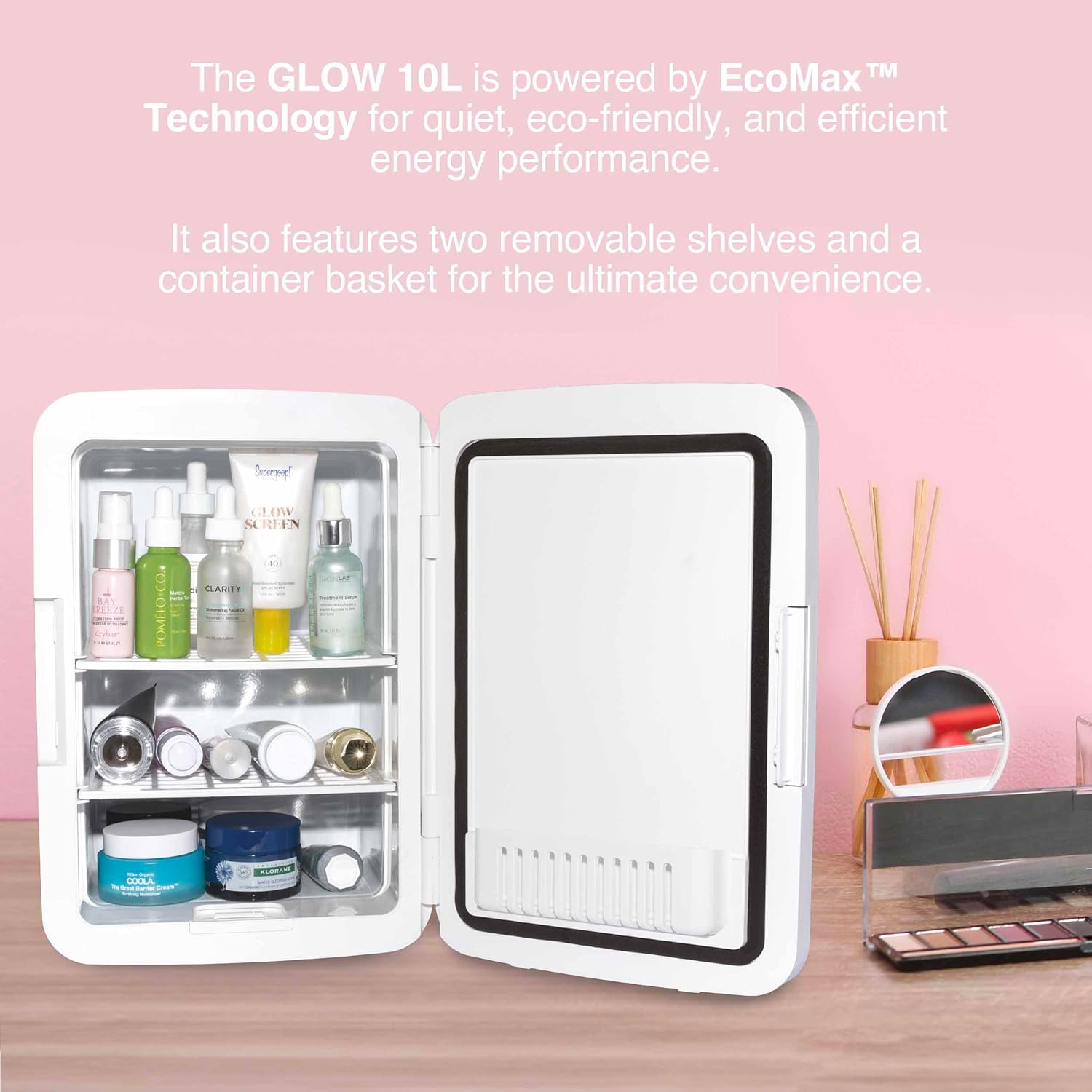 Cooluli Glow 10L Mini Skincare Fridge with Mirror  LED Light - Small Refrigerator for Skin Care, Makeup, Beauty, Cosmetics, Food amp; Drinks, White · v9