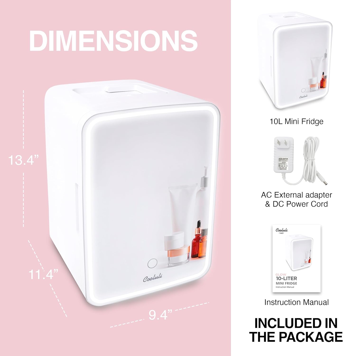 Cooluli Glow 10L Mini Skincare Fridge with Mirror  LED Light - Small Refrigerator for Skin Care, Makeup, Beauty, Cosmetics, Food amp; Drinks, White · v9